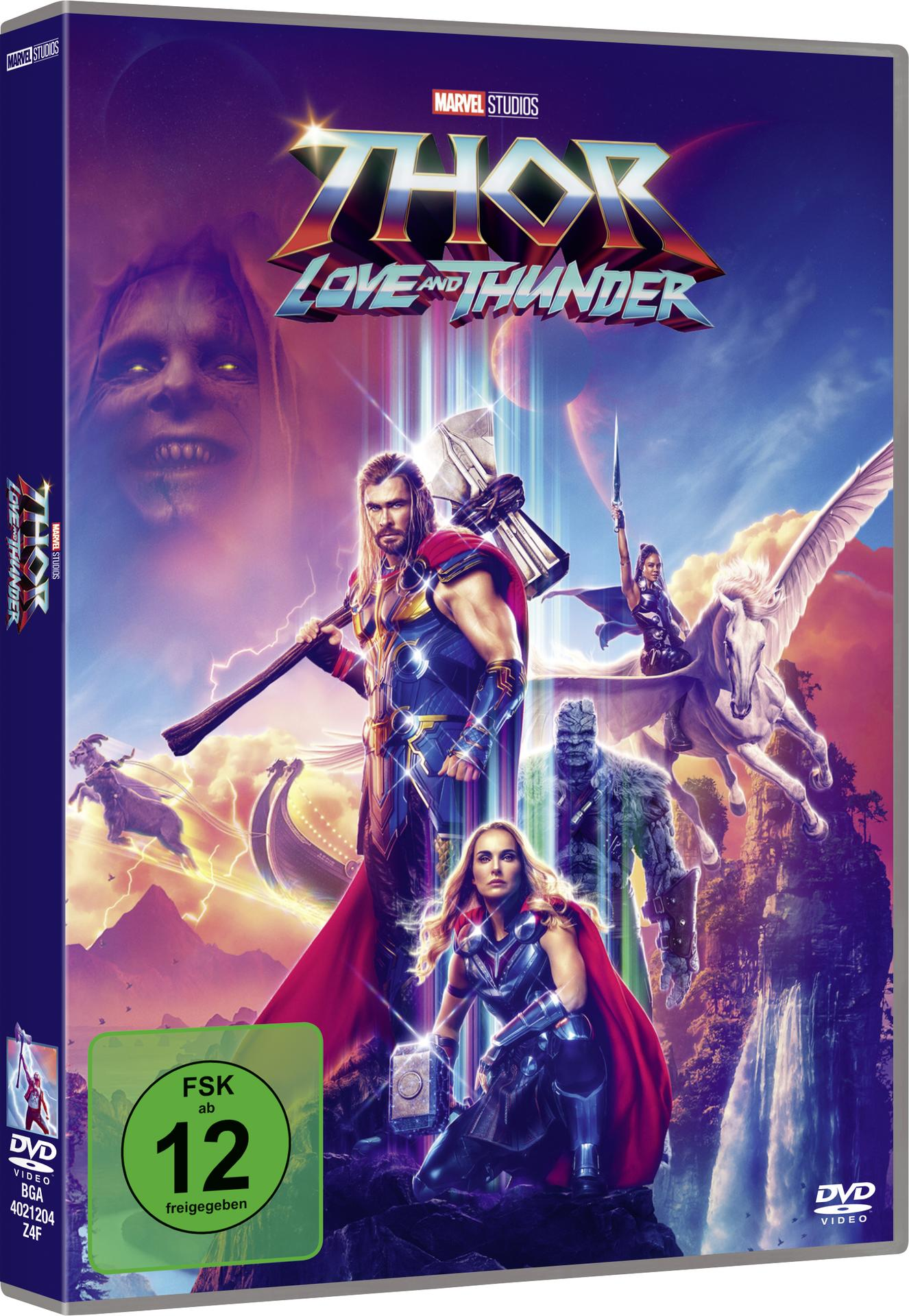 DVD-Hülle für den Film Thor: Love and Thunder, mit Charakteren.