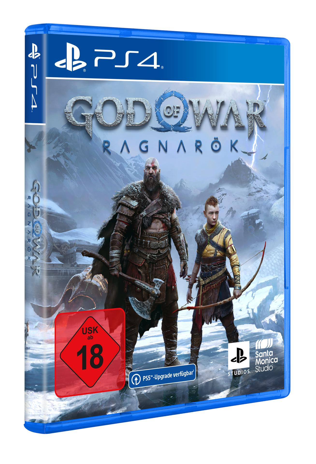 PS4-Spielbox, 'God of War Ragnarök'. Zeigt zwei Charaktere in Rüstung, schneebedeckte Berge im Hintergrund.