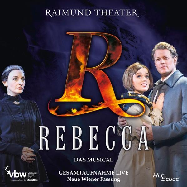 Ein Theaterplakat für das Musical 'Rebecca' mit Schauspielern und dem Titel.