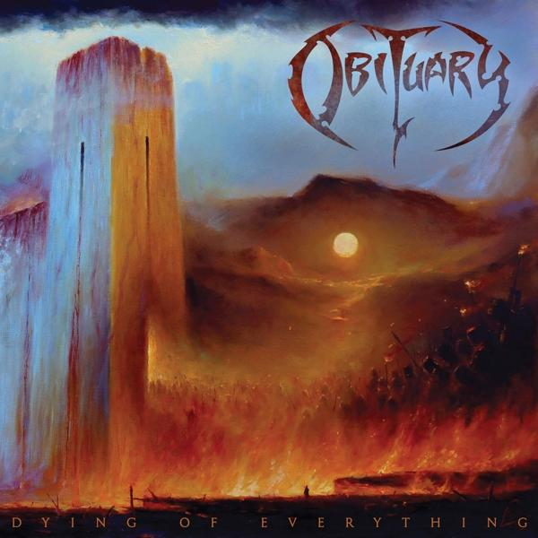 Obituary - Dying of Everything album borító, toronnyal, tűzzel és a nappal.