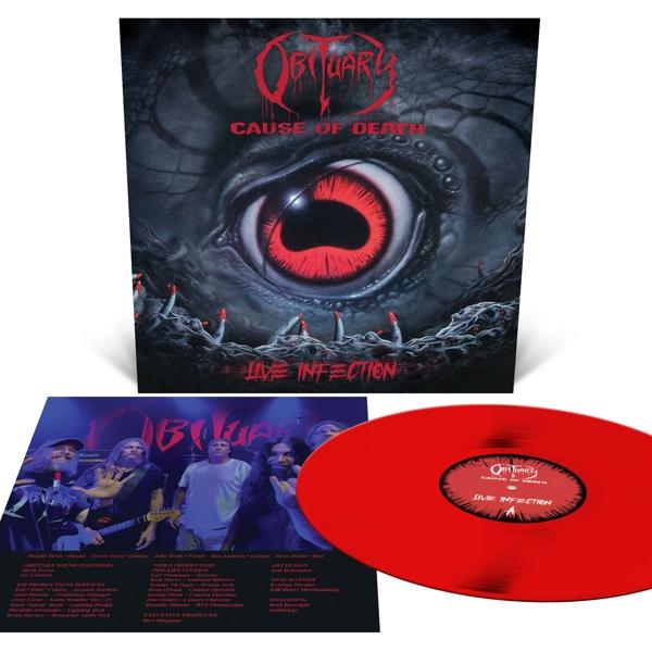 Album borító piros bakelit lemezzel és démoni szemmel, az Obituary zenekarral.