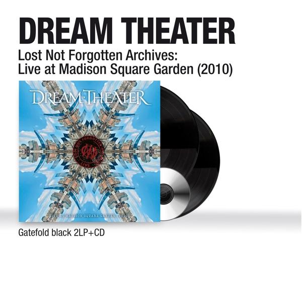 Dream Theater-Albumcover mit CD und Schallplatten. Das Cover zeigt eine Stadt und einen blauen Himmel.