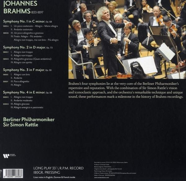 Vinyl-Schallplattencover mit Text über Brahms' Symphonien. Ein Dirigent leitet ein Orchester.