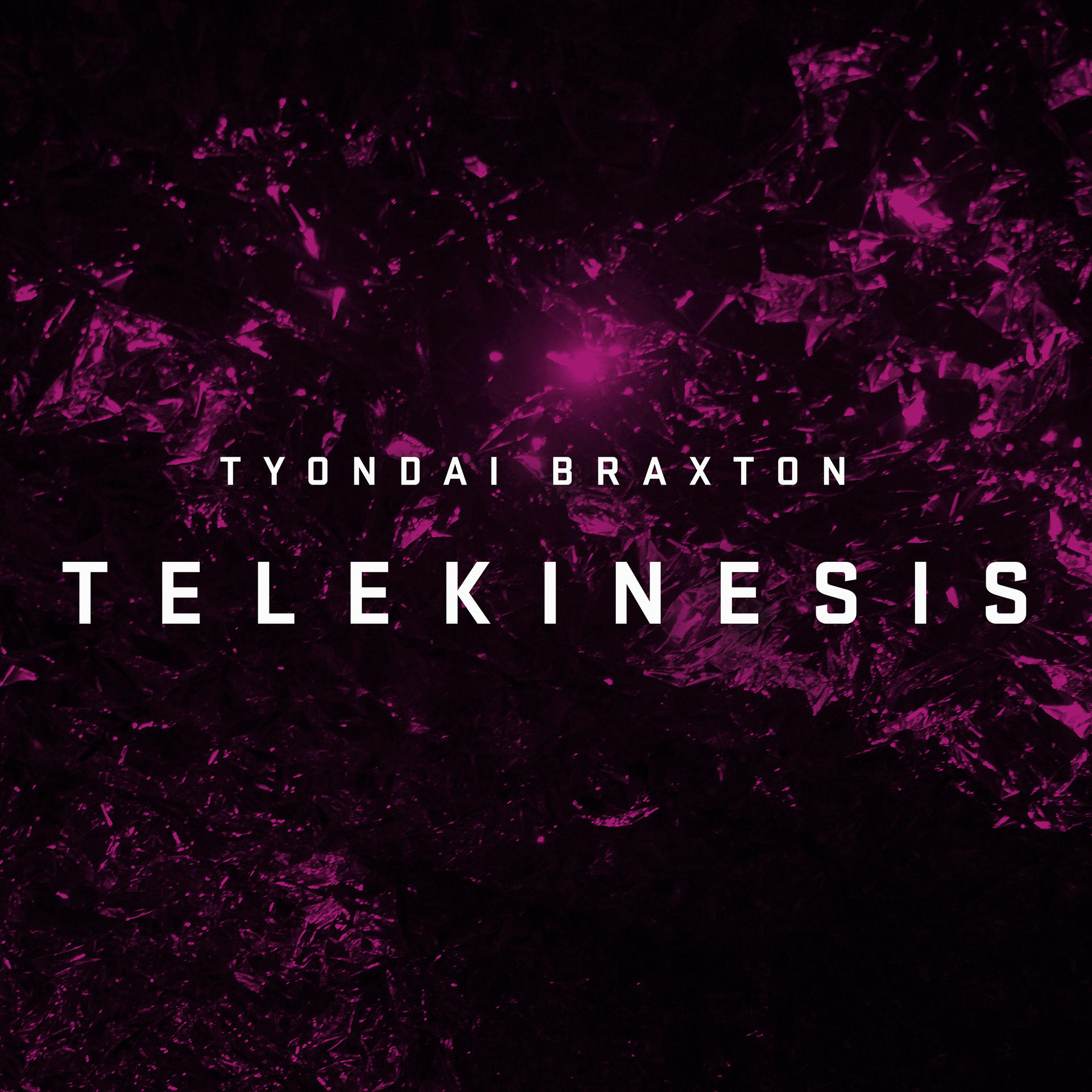 Tyondai Braxton Telekinesis című albumának borítója. Lila és fehér absztrakt szöveget tartalmaz.