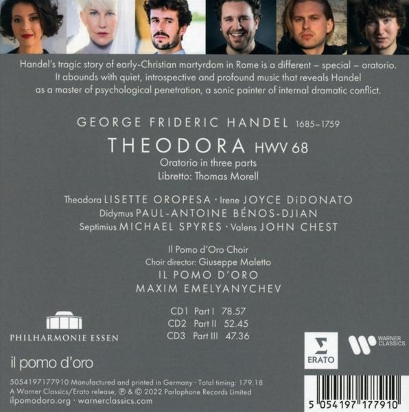 Album borító: Händel Theodora. Részletek az előadókról, a zenekarról és a számok időtartamáról.