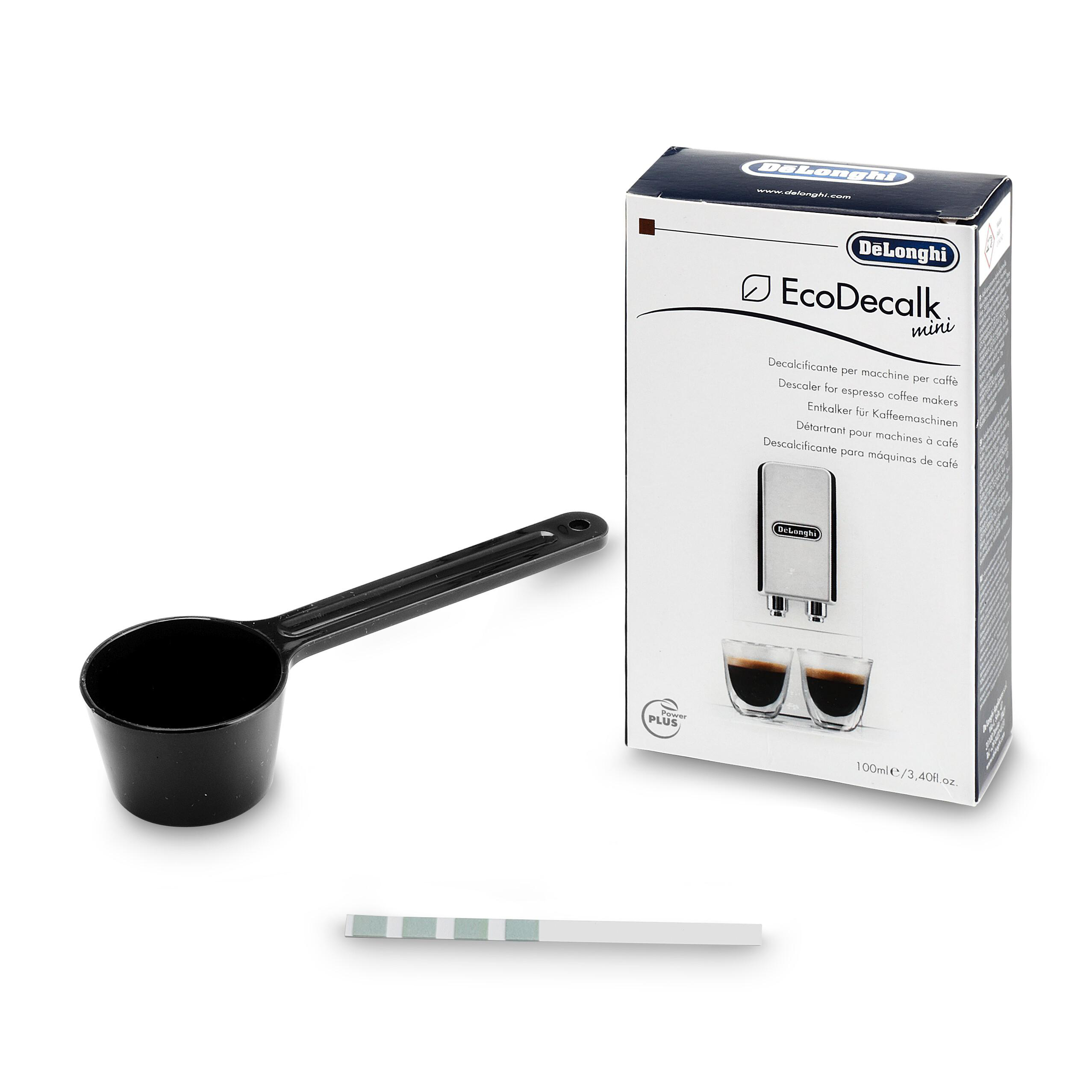 DeLonghi EcoDecalk mini, schwarzer Messlöffel, Teststreifen und Entkalkerkasten.