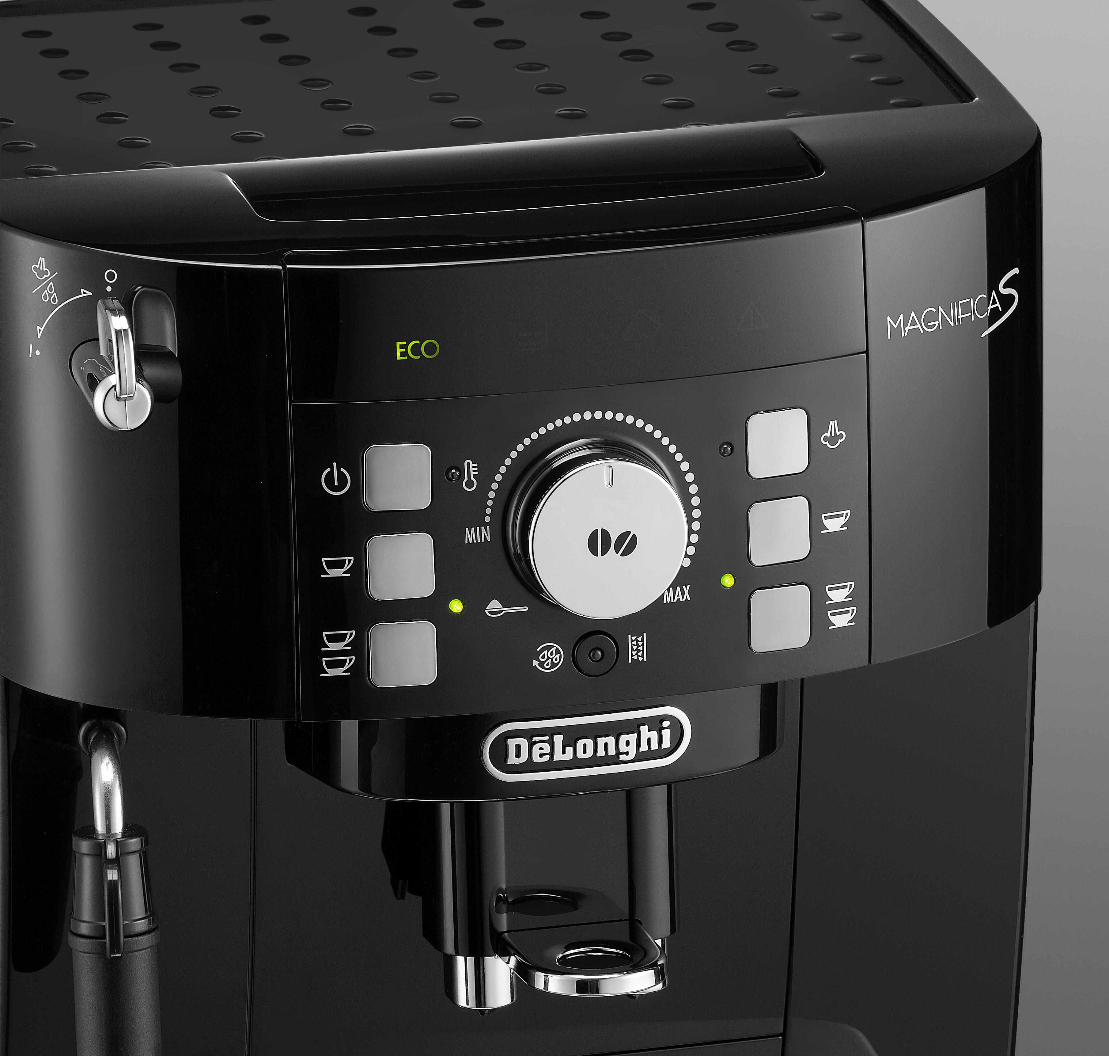 Schwarze DeLonghi-Kaffeemaschine. Knöpfe und ein Drehregler sind vorne. Der Markenname ist sichtbar.