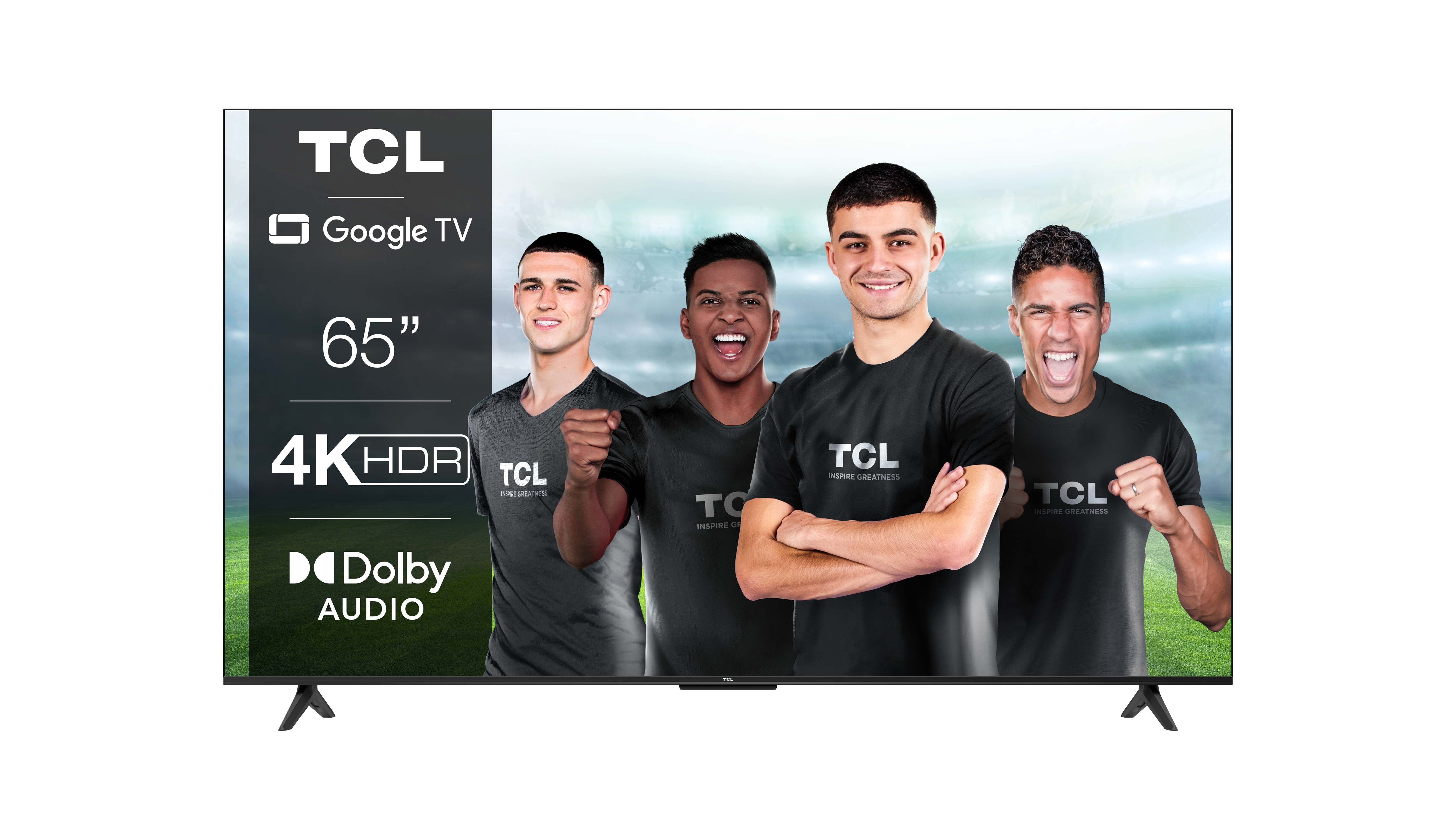Televisor TCL que muestra a cuatro futbolistas. Cuenta con 4K HDR, Dolby Audio y Google TV.