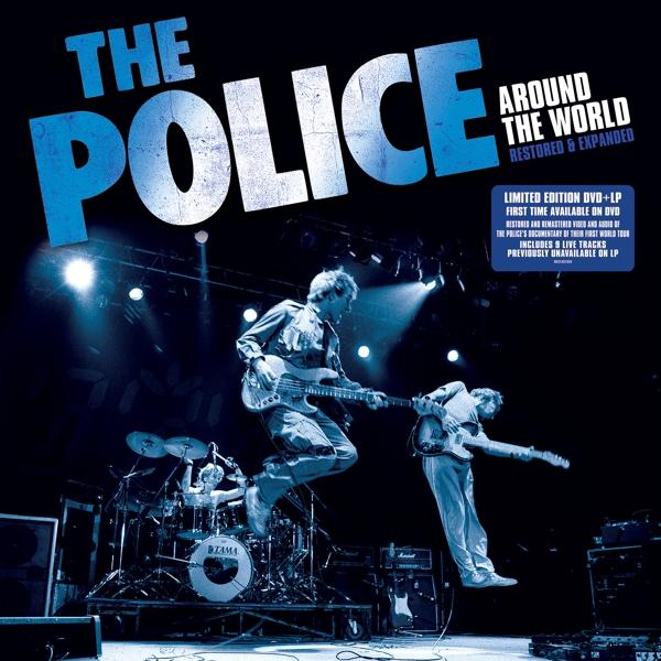 Pochette de l'album 'The Police - Around the World'. Elle présente une performance live avec le groupe sur scène.
