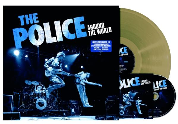 Pochette de l'album The Police, vinyle, CD. Groupe sur scène, sautant. Lumières bleues.