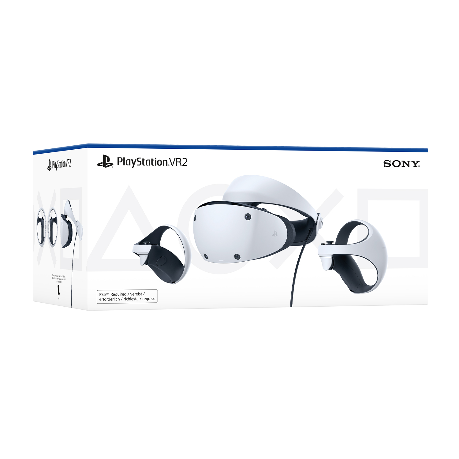 Scatola PlayStation VR2 con cuffie, controller e accessori, sfondo bianco.