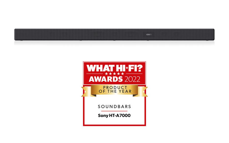 Barra de sonido negra con insignia de premio 'What Hi-Fi?'.