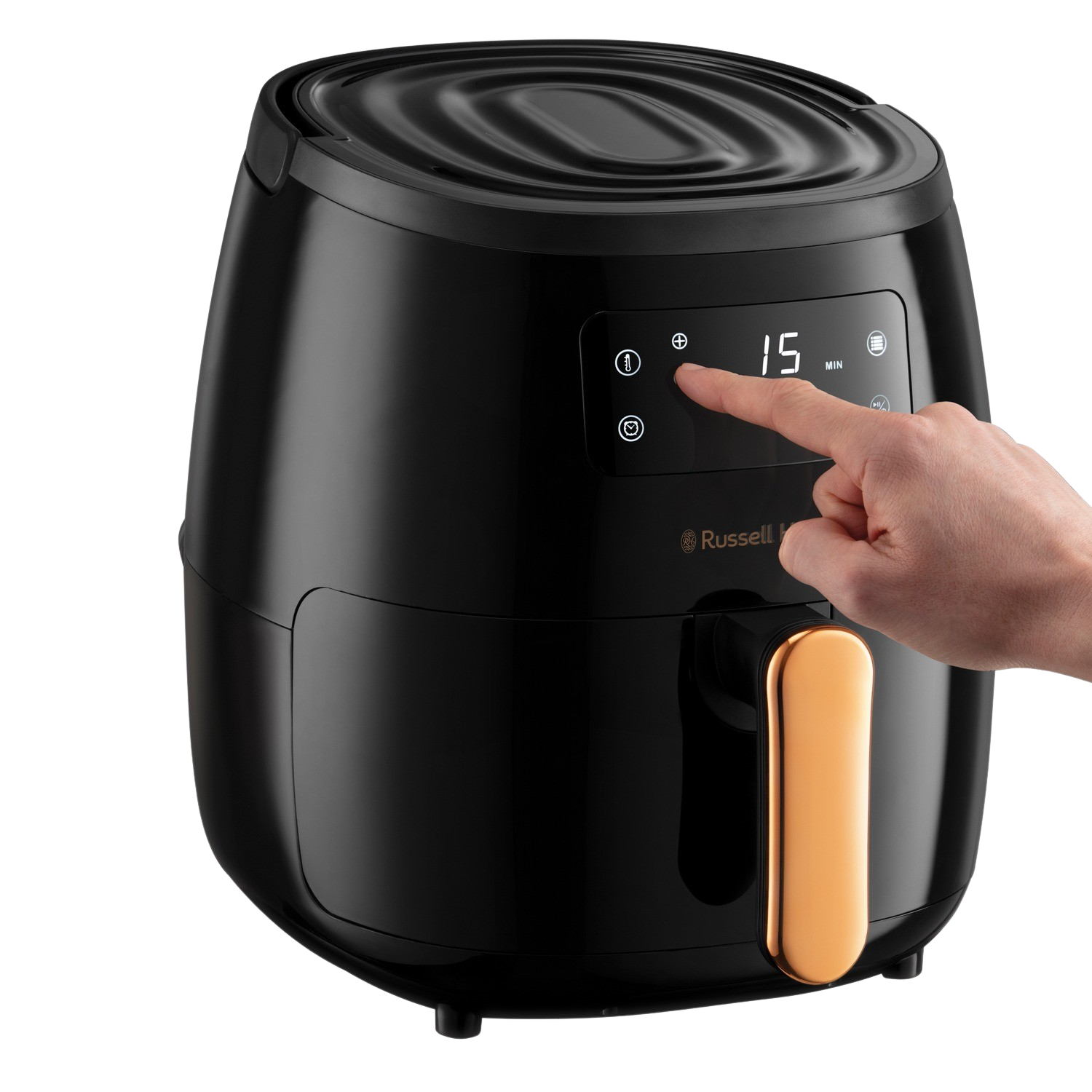 Zwarte heteluchtfriteuse met een hand die de timer op 15 minuten drukt op een digitaal display.