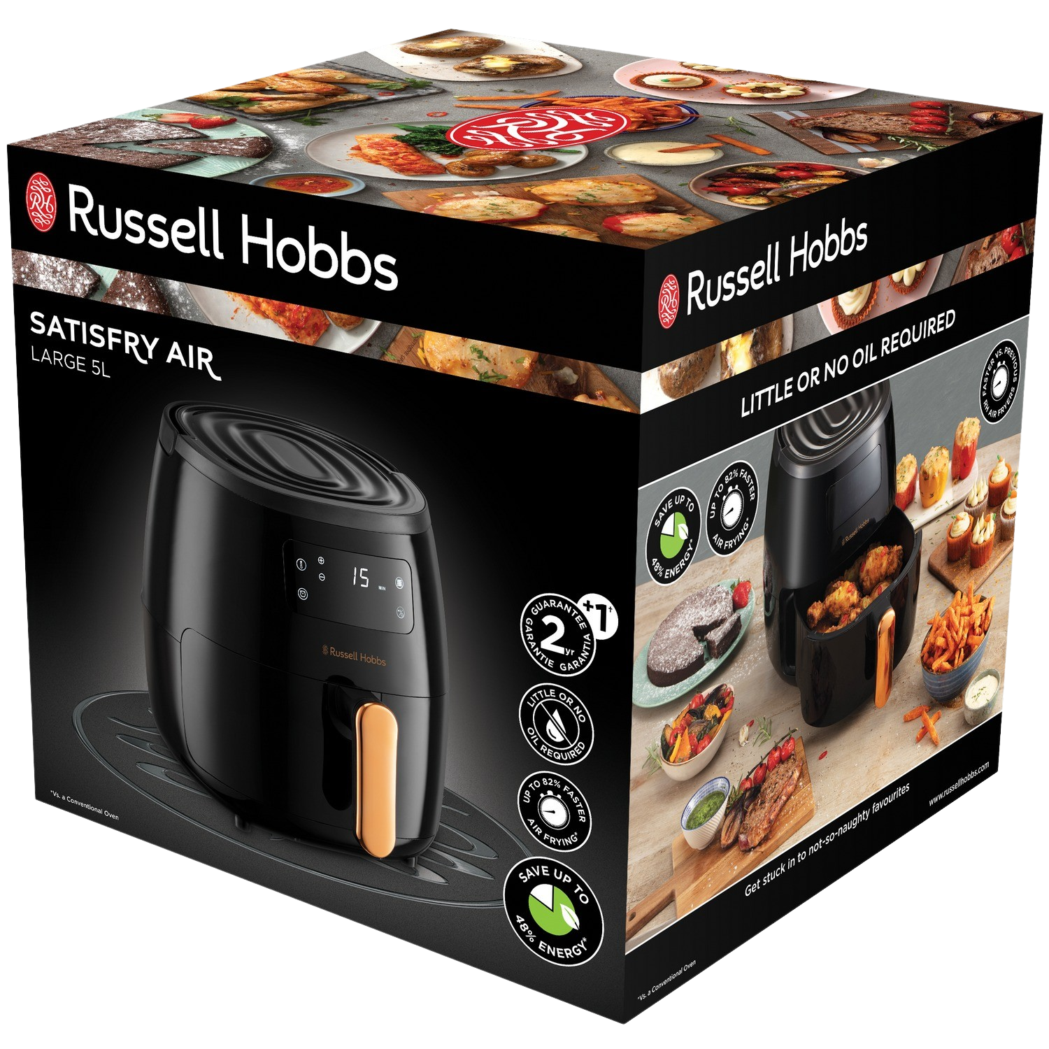 Doos voor een zwarte airfryer. De doos heeft tekst en afbeeldingen van de airfryer en eten. Merk: Russell Hobbs.