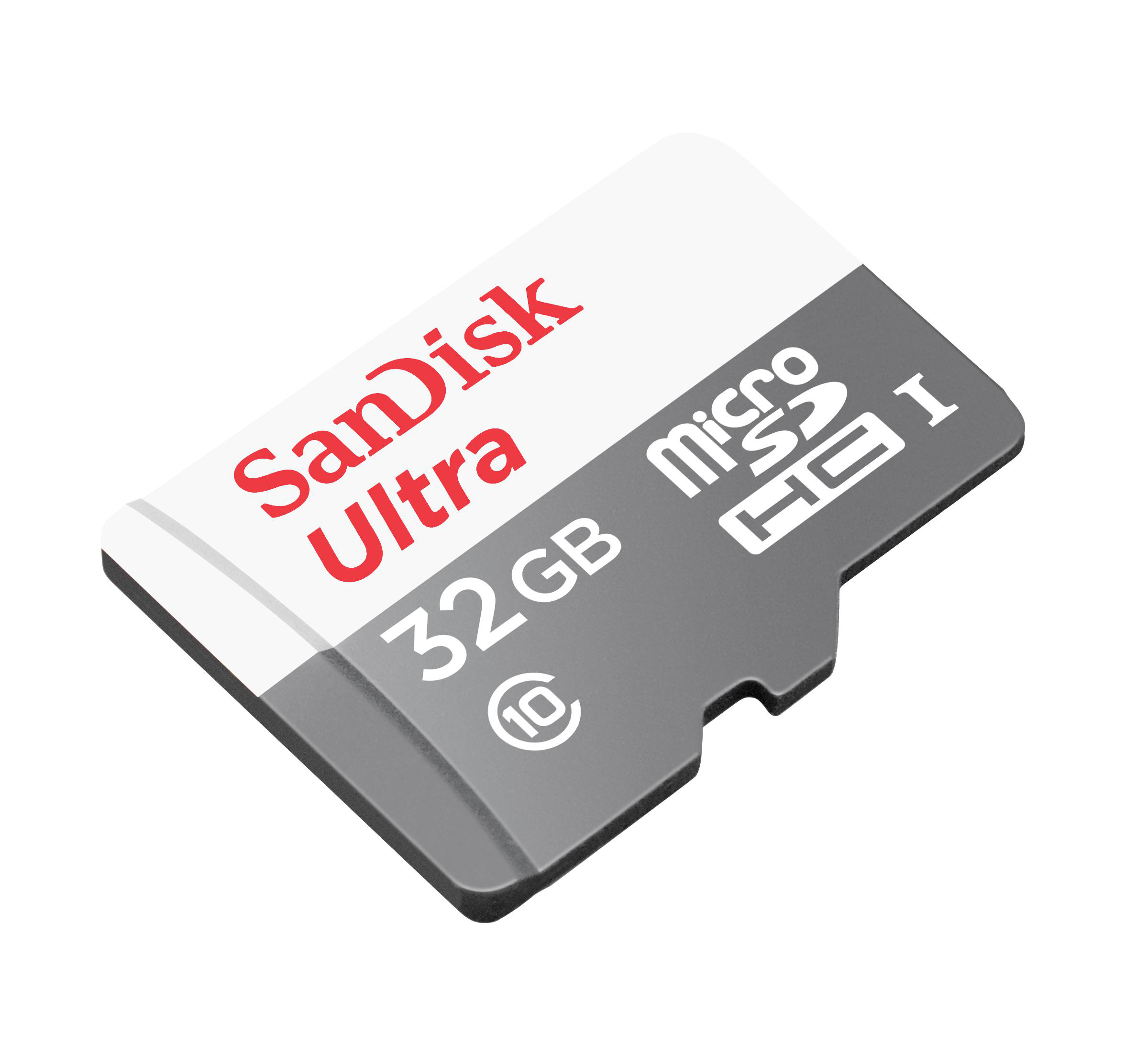 Sandisk Ultra Micro SD-Karte, 32 GB. Es ist grau und weiß mit rotem Text darauf.