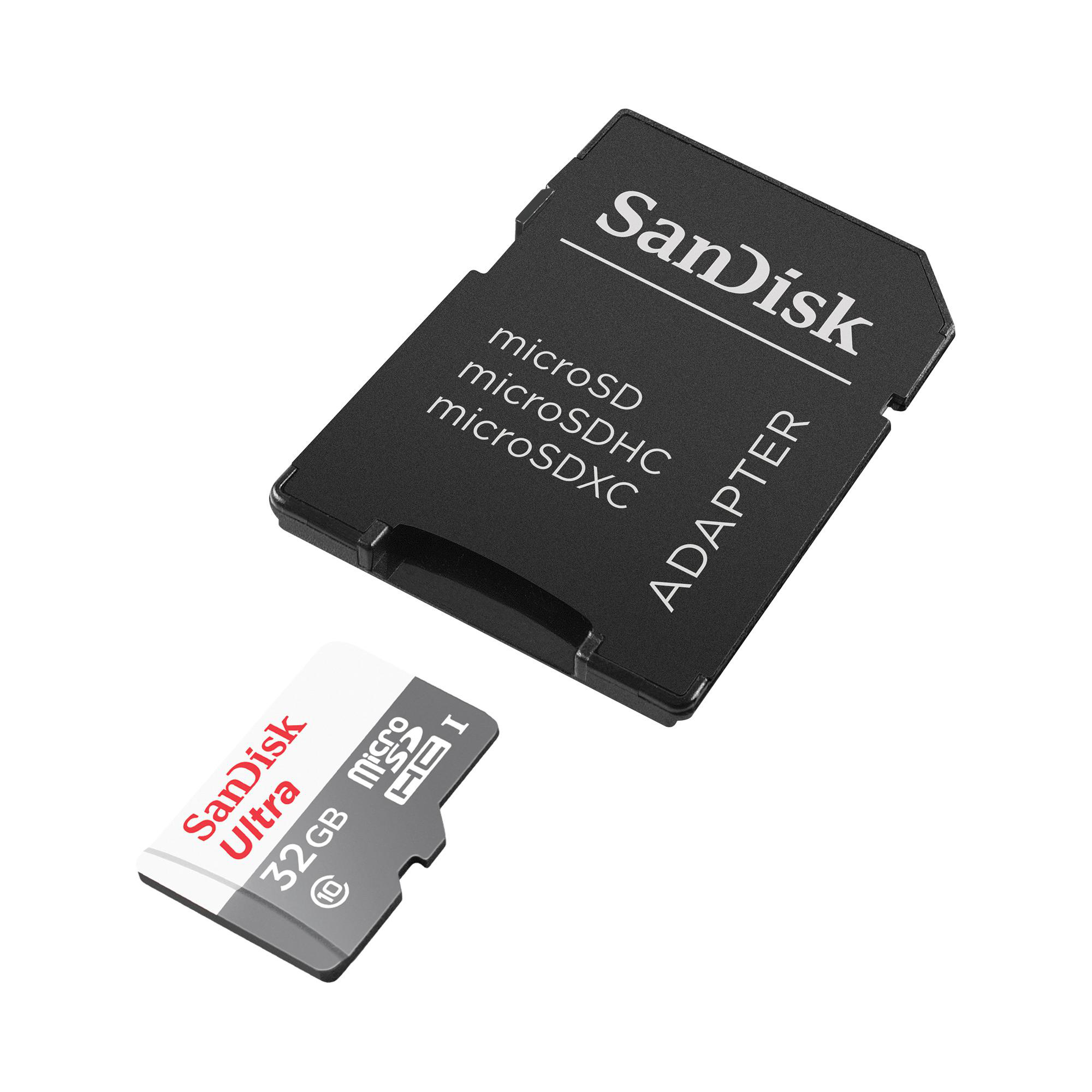 Eine SanDisk SD-Karte mit Adapter und einer microSD-Karte, alles auf weißer Oberfläche.