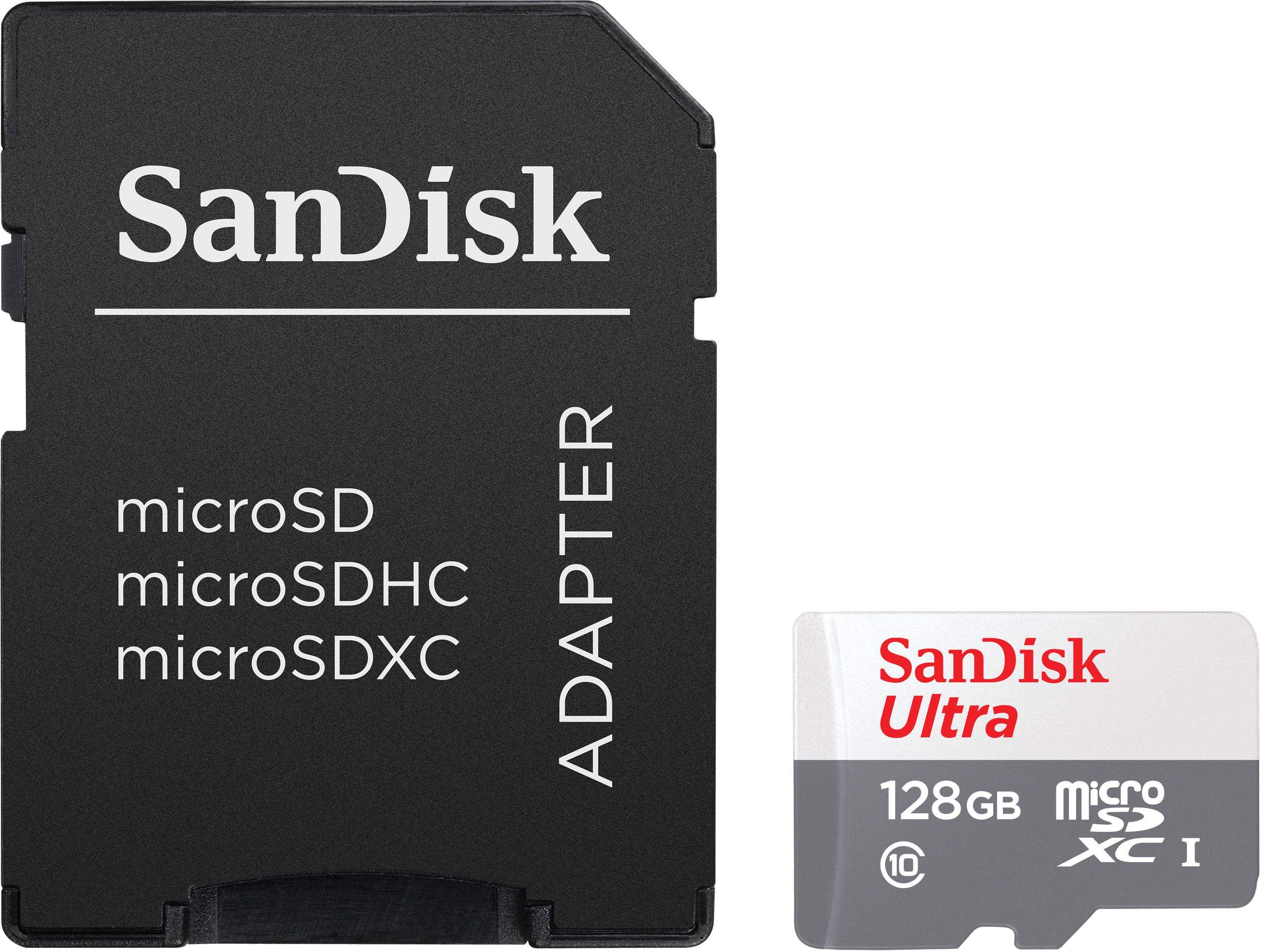 Schwarzer und silberner SD-Kartenadapter und eine 128GB microSD-Karte.