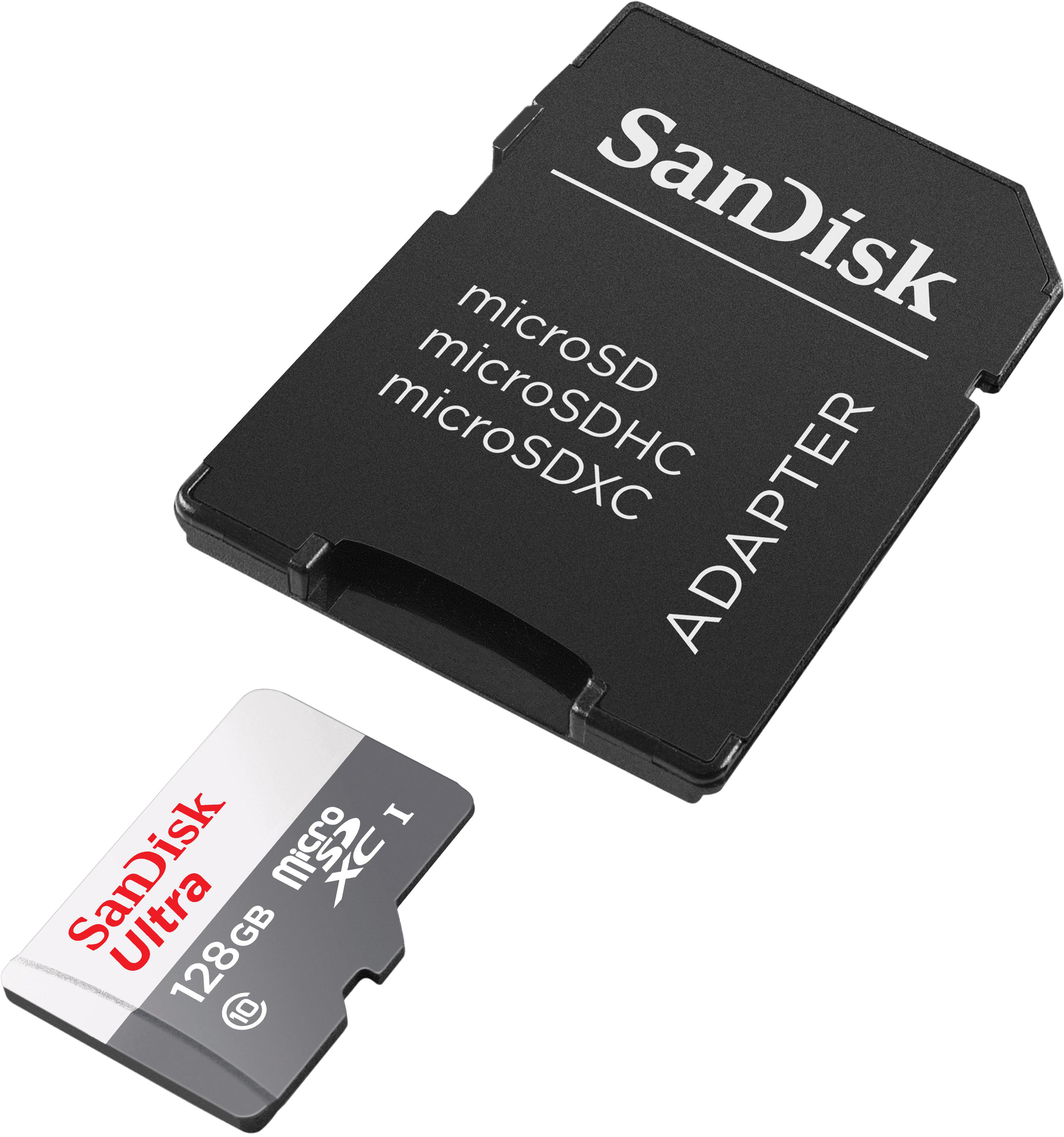 Eine SanDisk Ultra Micro SD-Karte und ein Adapter, beide schwarz und weiß, auf weißem Hintergrund.