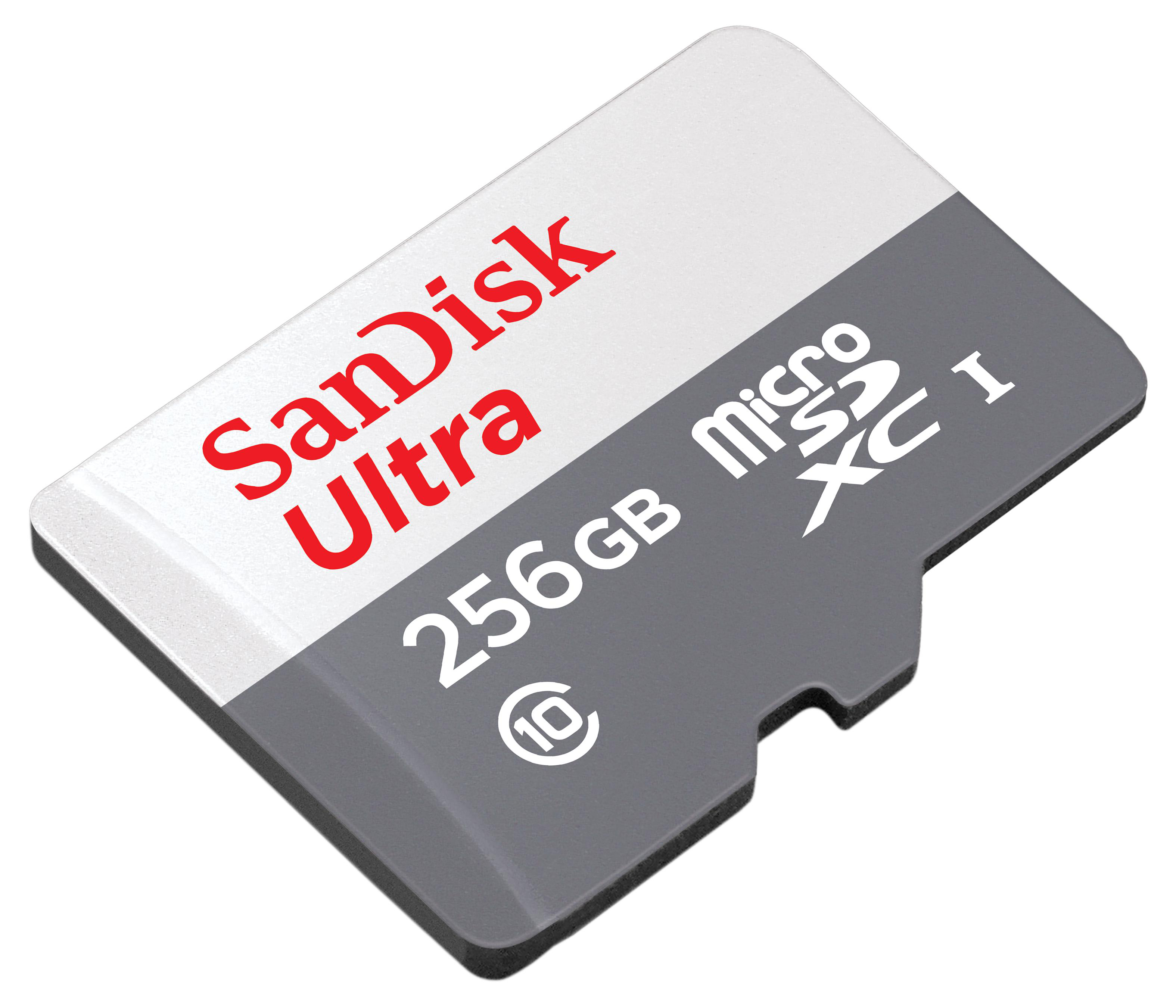 SanDisk Ultra microSD-Karte, grau und weiß, mit rotem Text.