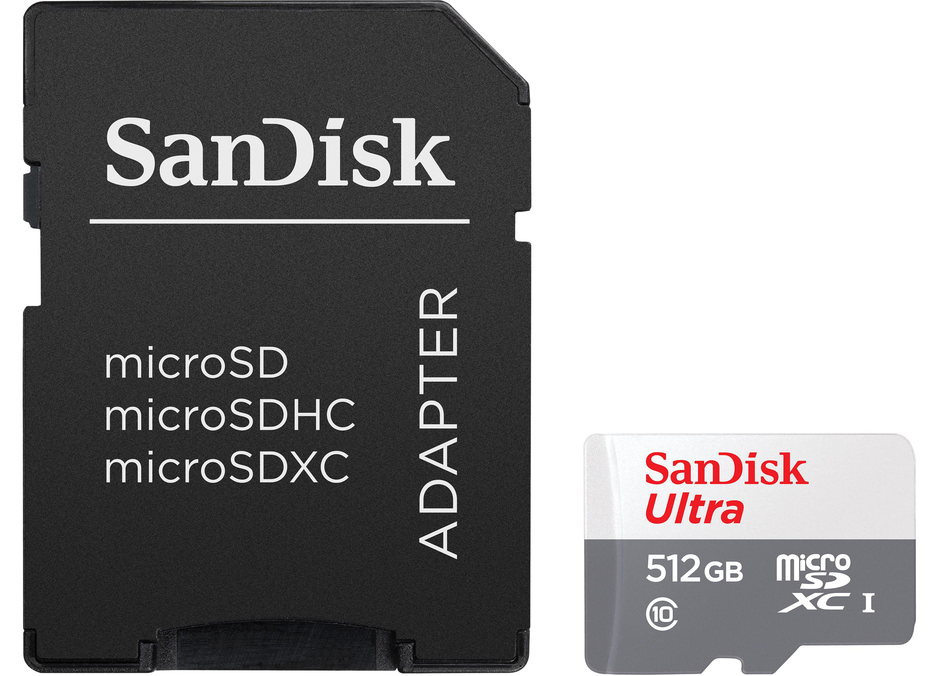 Sandisk SD-Kartenadapter und eine 512 GB microSD-Karte. Beide sind weiß und schwarz.
