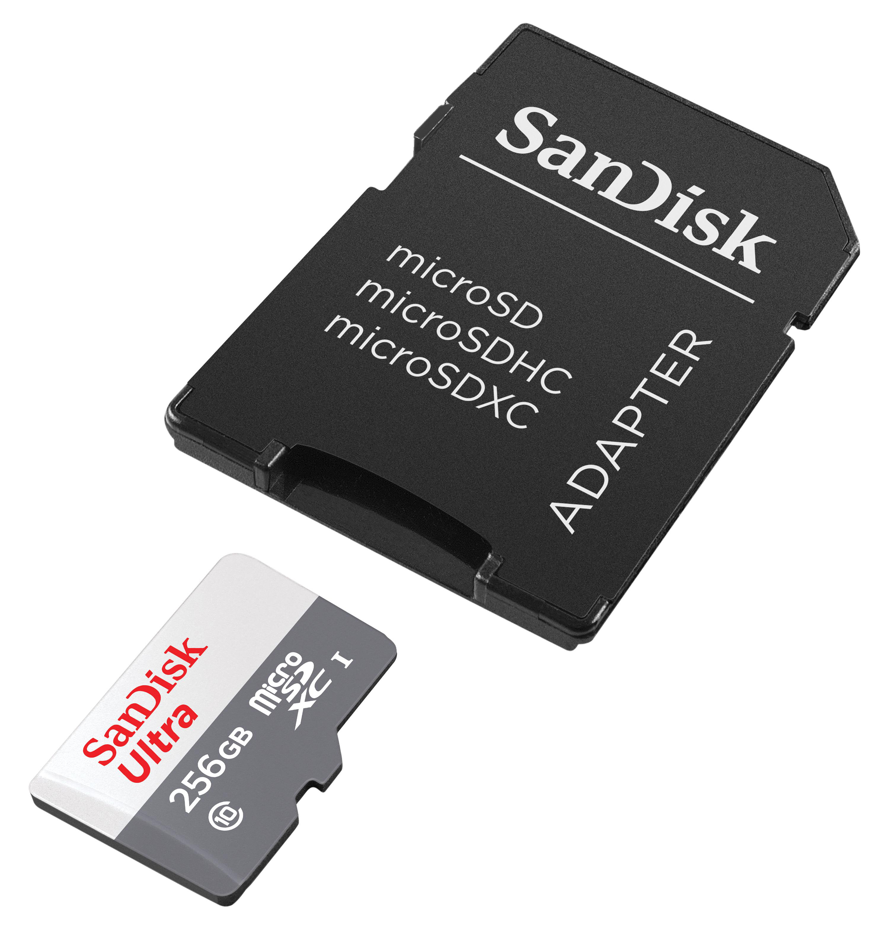 Eine SanDisk SD-Karte und ein Adapter auf weißem Hintergrund.