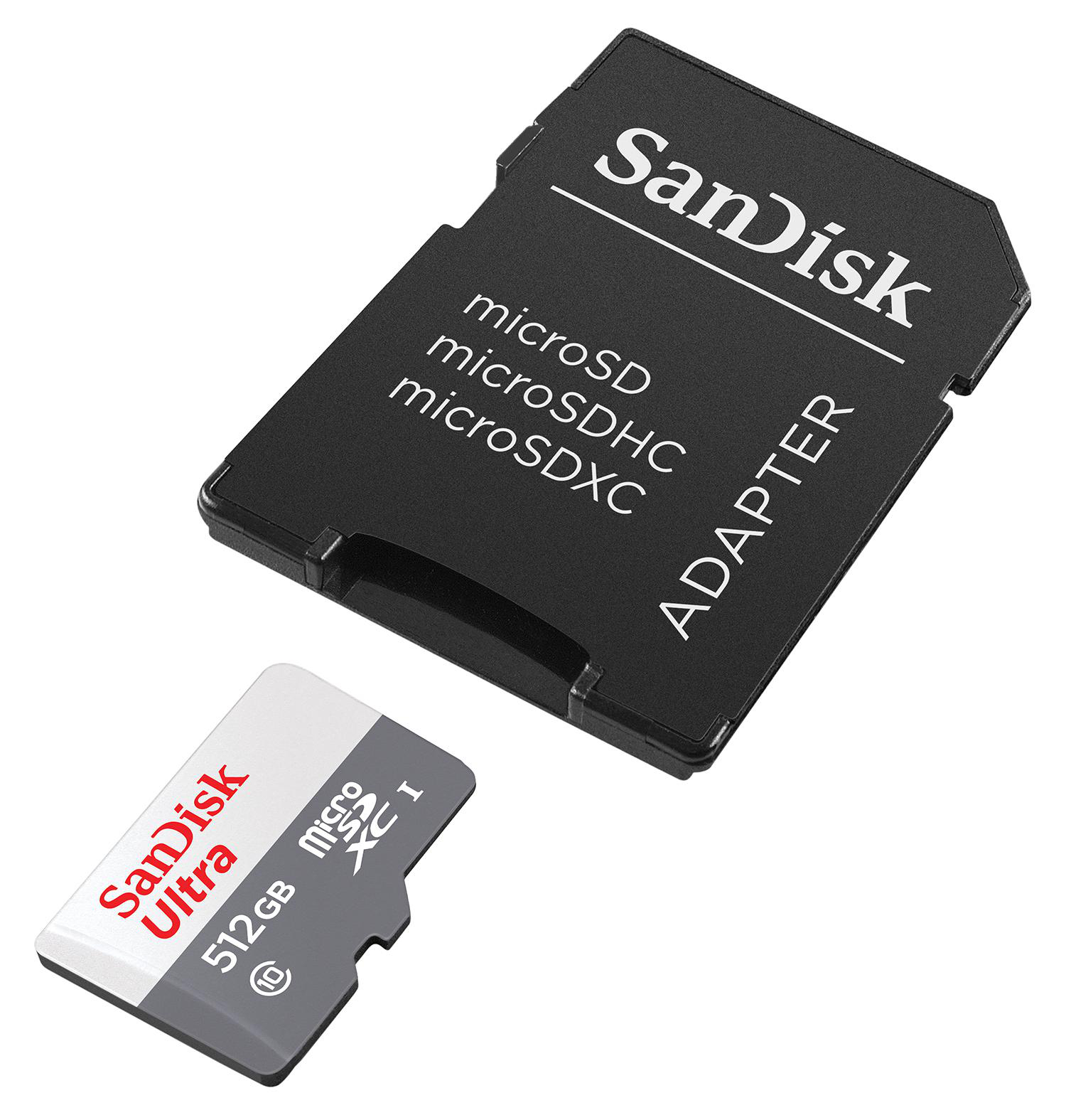 Schwarze SanDisk Karte und Adapter. Die Karte ist eine 512GB Micro SDXC. Adapter liest 'SanDisk' & 'Adapter'.