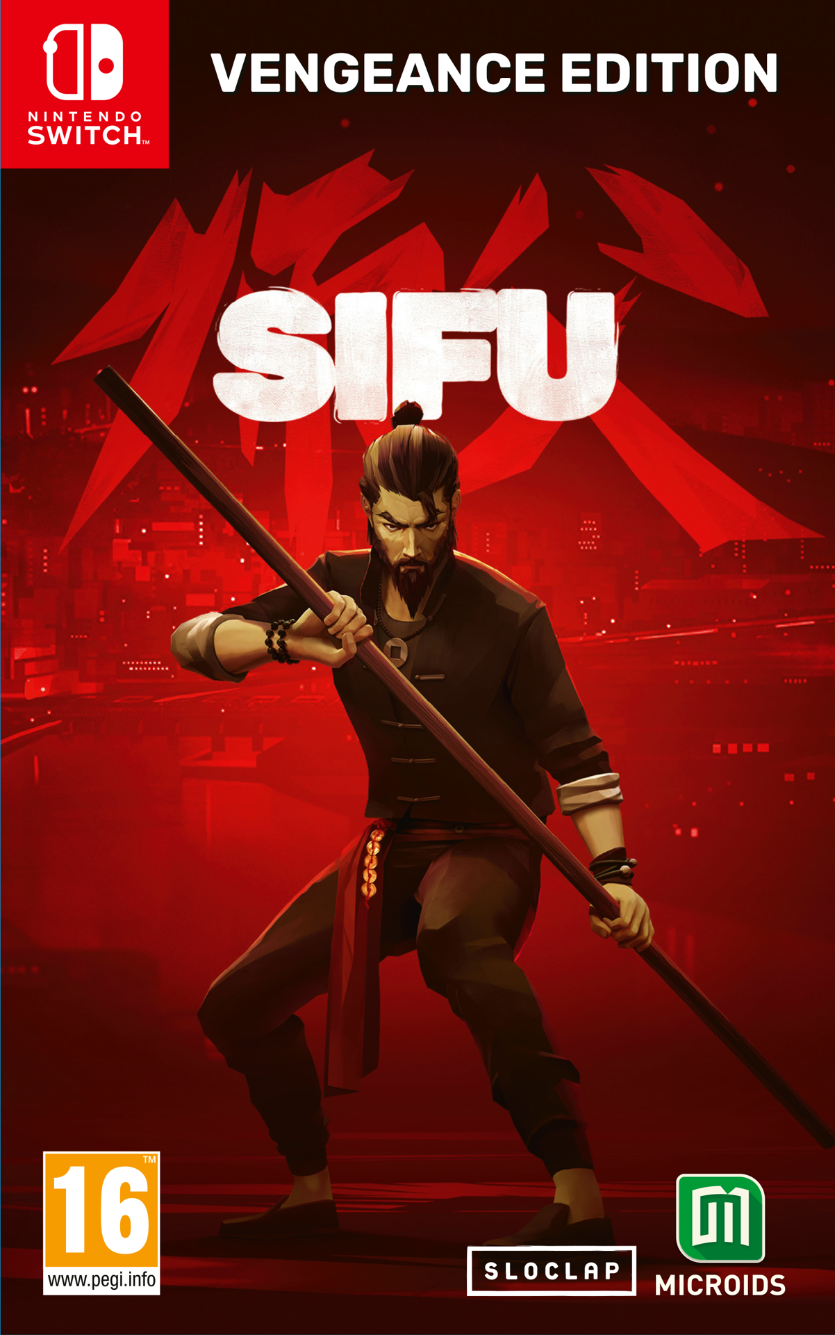 Sifu: Vengeance Edition game cover. Een man met een staf staat voor een rode achtergrond.