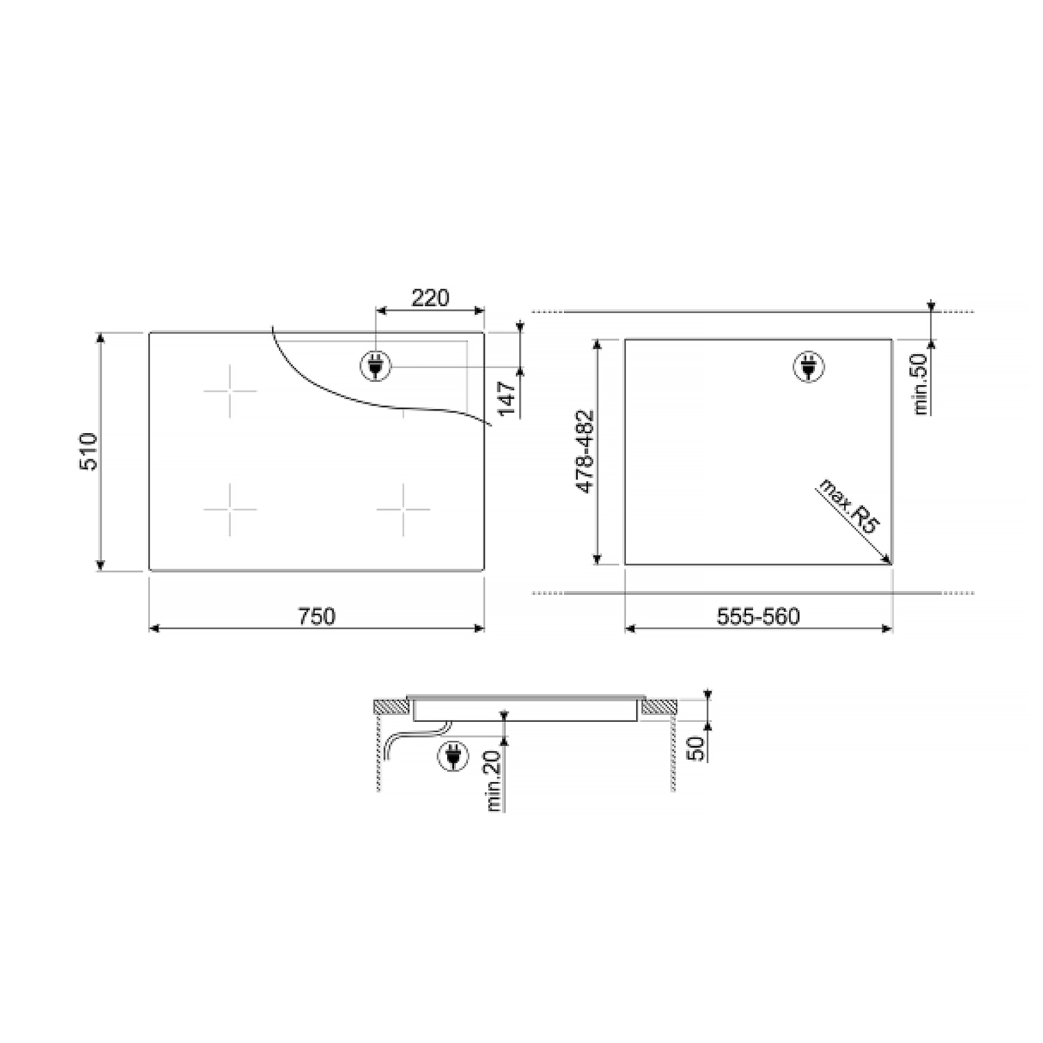 Disegno tecnico di un piano cottura con dimensioni e misure, su sfondo bianco.