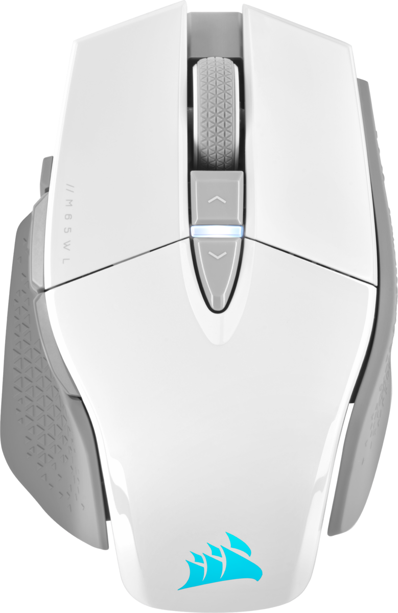 Weiße Gaming-Maus mit grauen Akzenten und blauem Logo.
