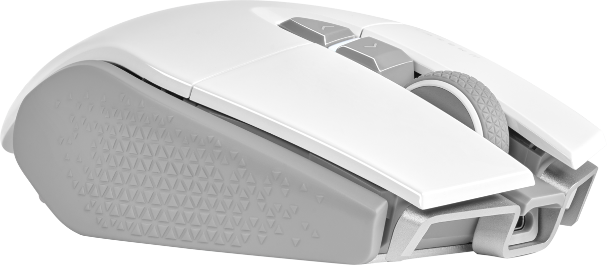 Weiße und graue Computermaus. Mit Tasten, Scrollrad und strukturierter Grifffläche.