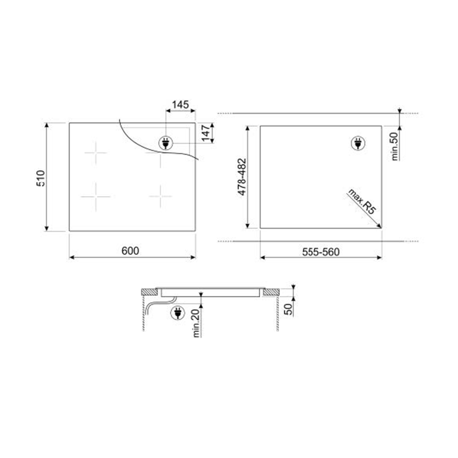 Diagramma di un piano cottura con dimensioni. Include quattro bruciatori e dimensioni in millimetri.