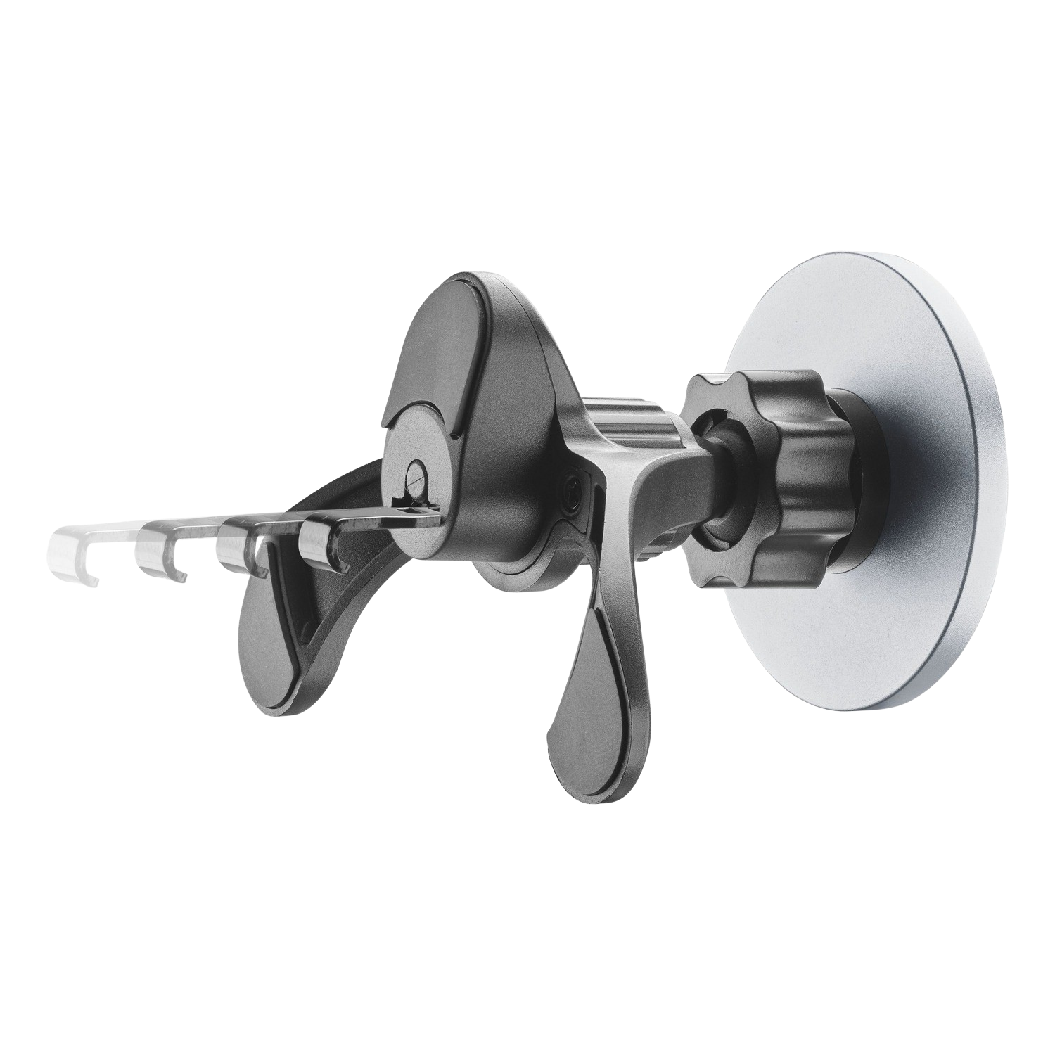 A car phone mount with a suction cup. It is black and gray and has a ball joint.