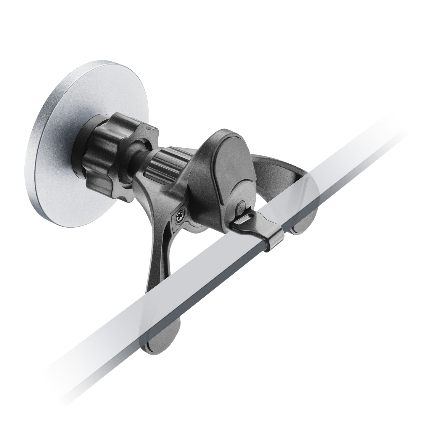 A silver car phone holder with a black adjustable part and a clear, rectangular clip.