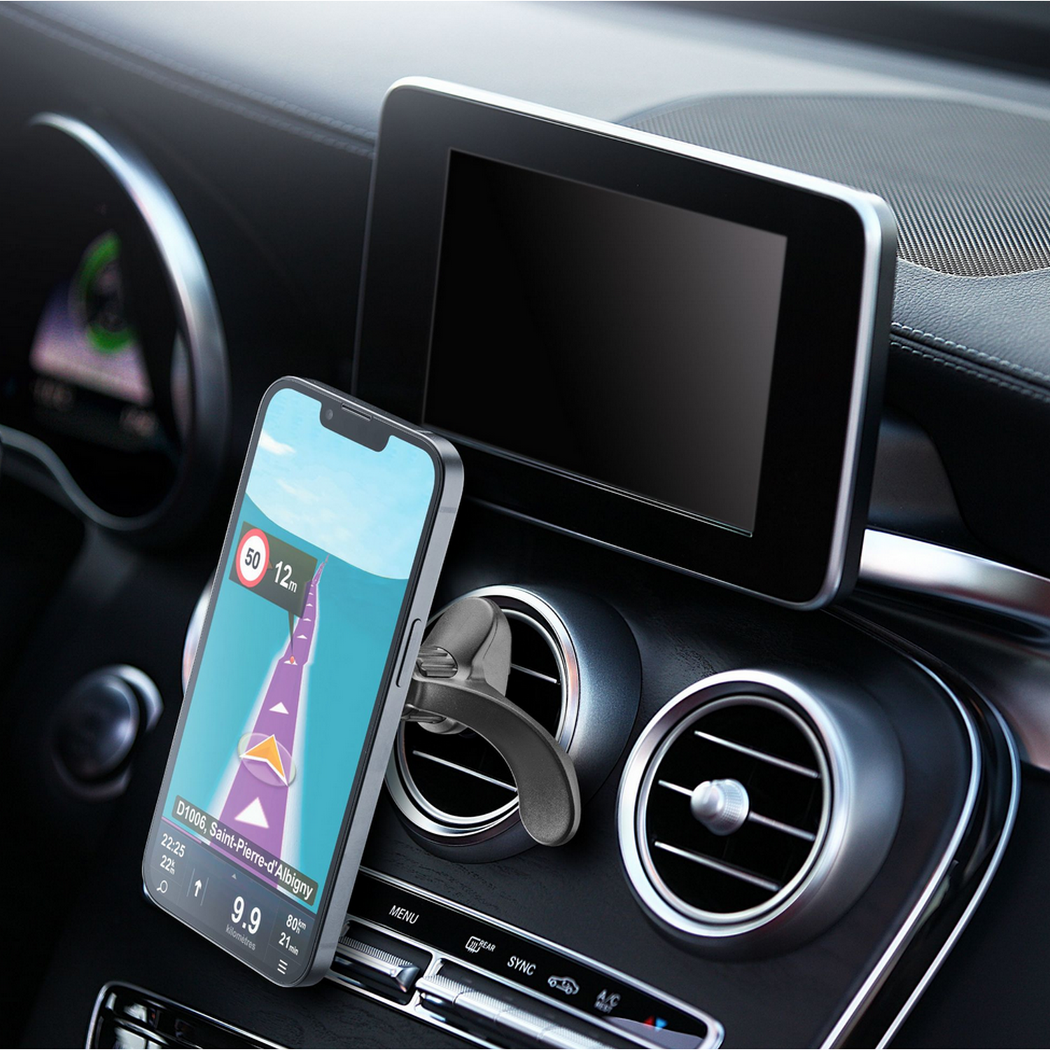 Smartphone mounted in a car. Navigation app is open on the screen.