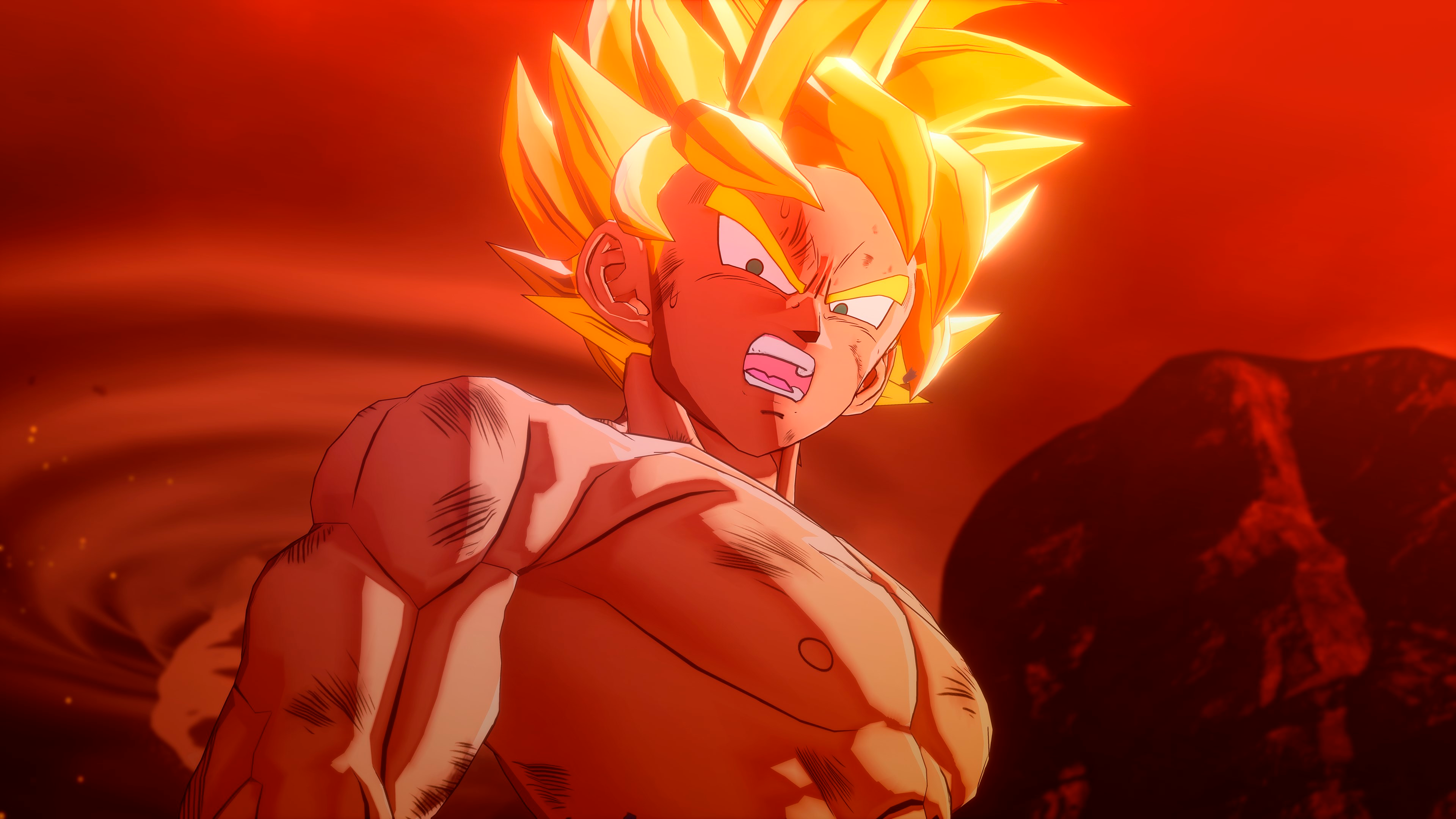 Personnage d'anime, Goku, avec des cheveux jaunes hérissés. Il a une expression déterminée sur fond rouge.