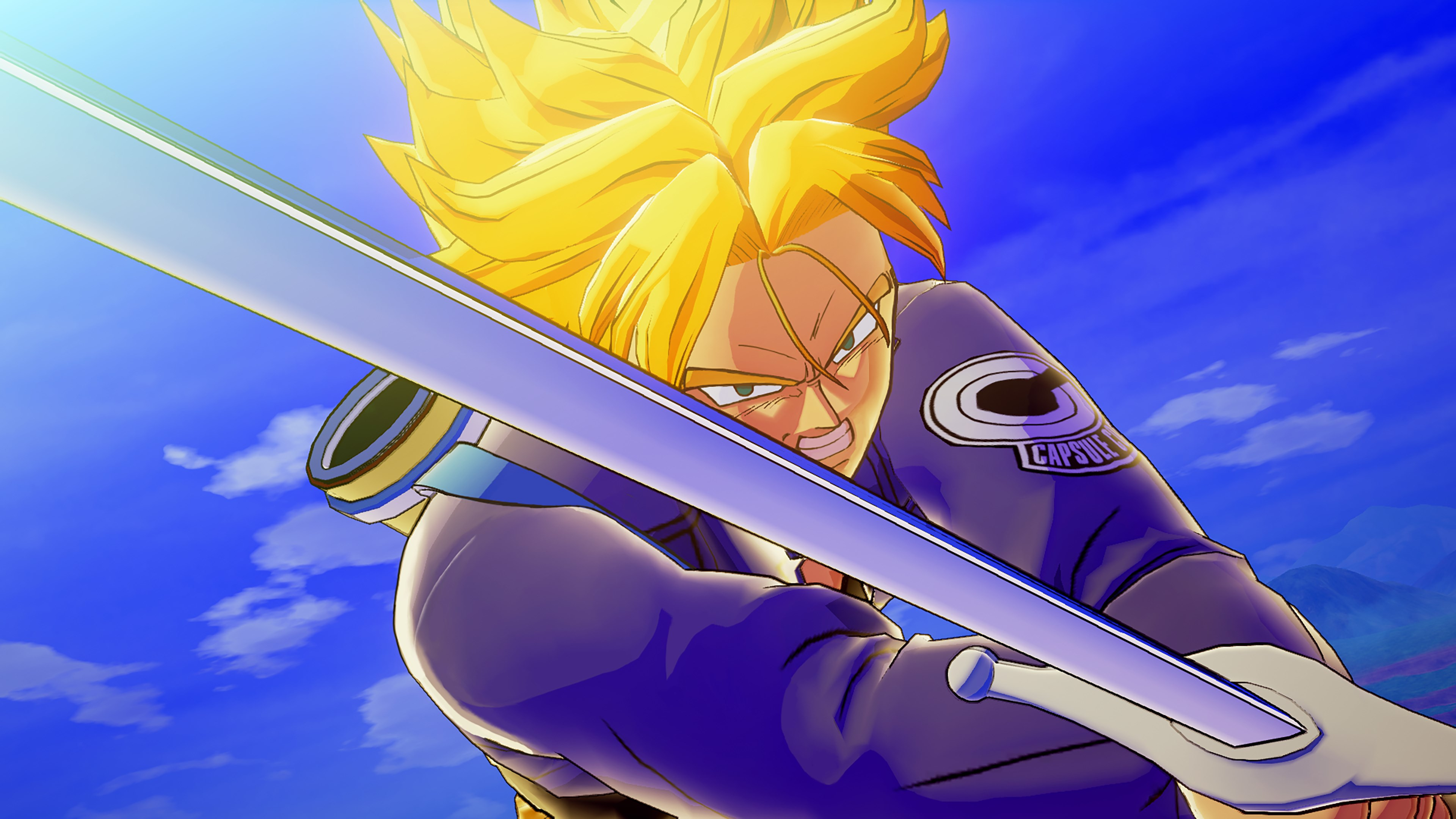 Un personnage d'anime aux cheveux blonds tenant une épée, sur fond de ciel bleu avec des nuages.