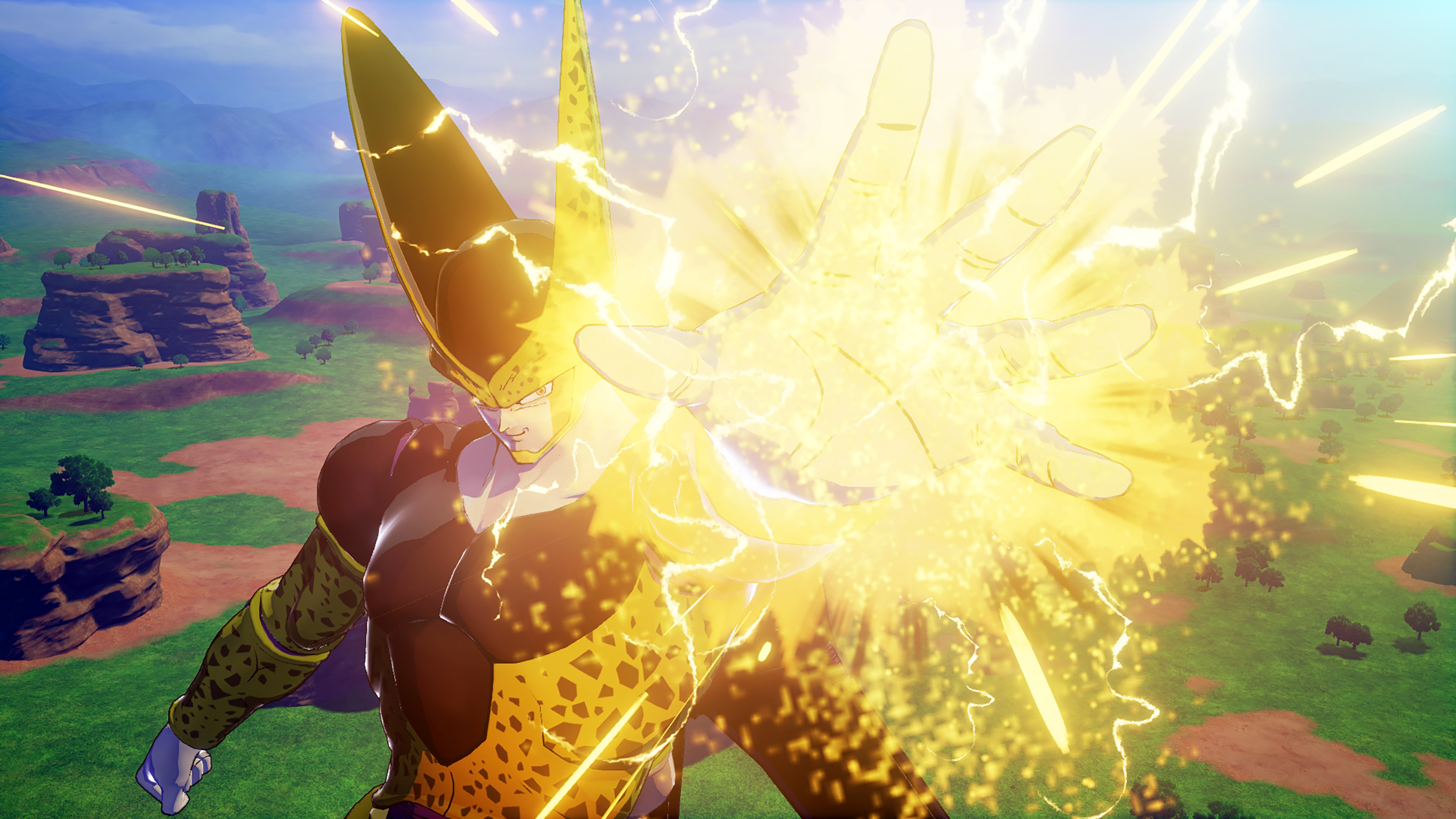 Personnage Cell de Dragon Ball Z avec explosion d'énergie jaune. Paysage vert en arrière-plan.