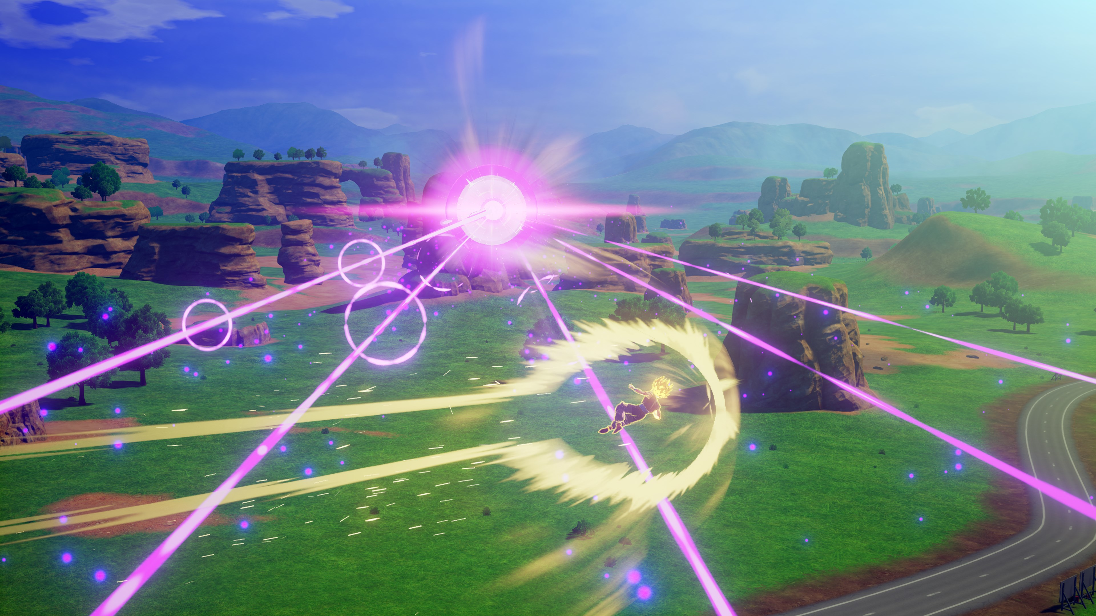 Une scène d'un jeu vidéo avec un personnage volant dans les airs avec des rayons d'énergie autour.
