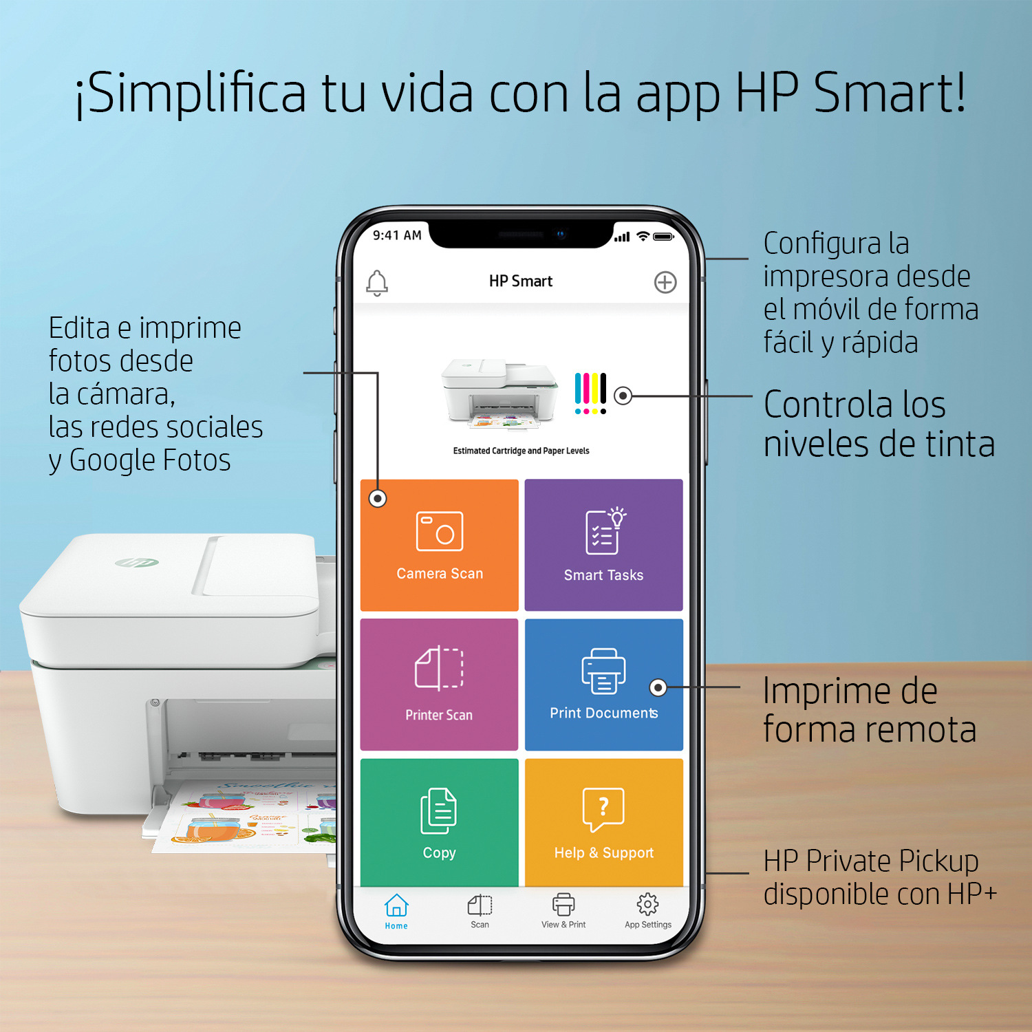 Interfaz de la aplicación HP Smart en un teléfono. Muestra opciones para imprimir, escanear y escanear con la cámara.