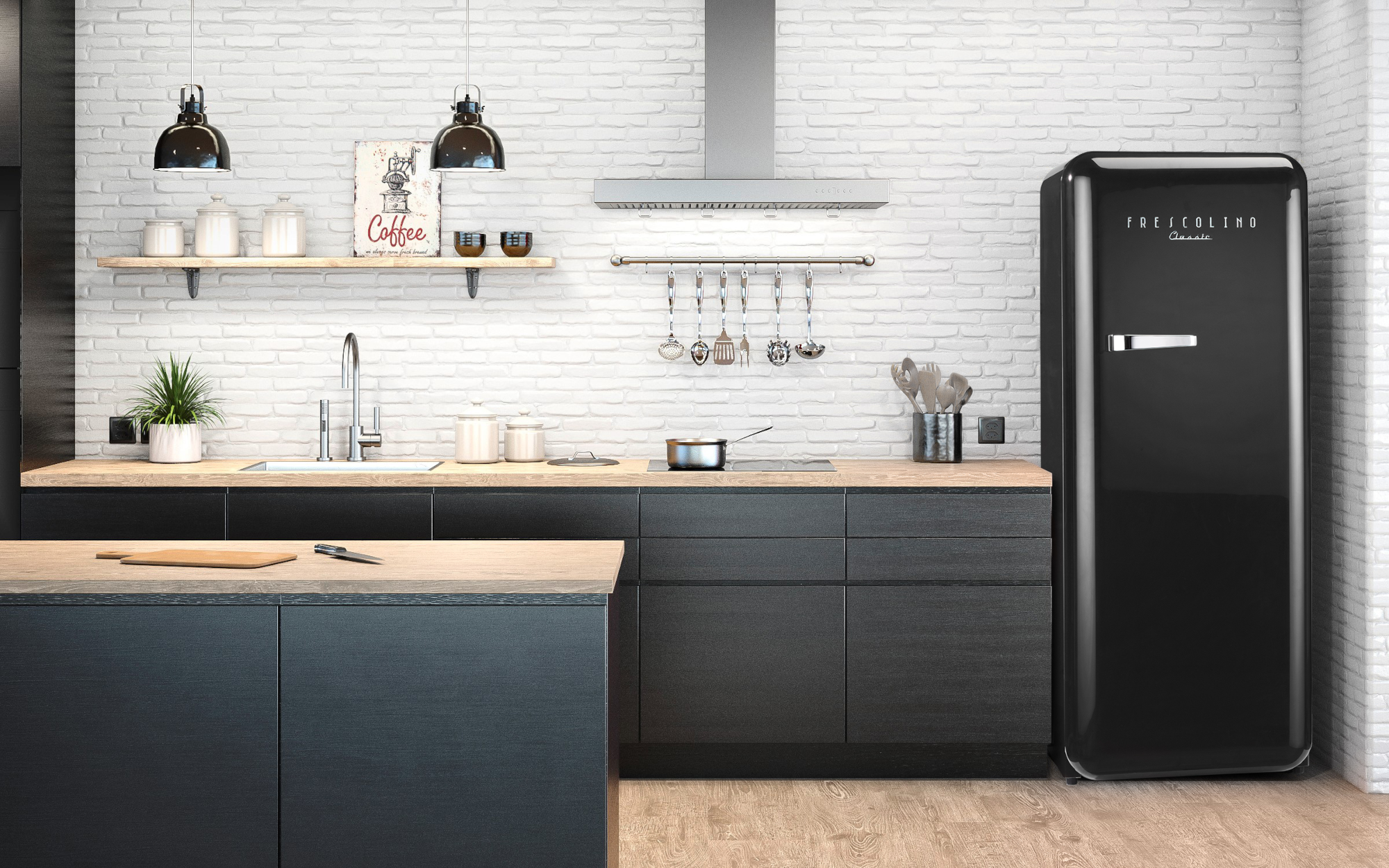Moderna cucina nera con pareti in mattoni bianchi e frigorifero retrò.