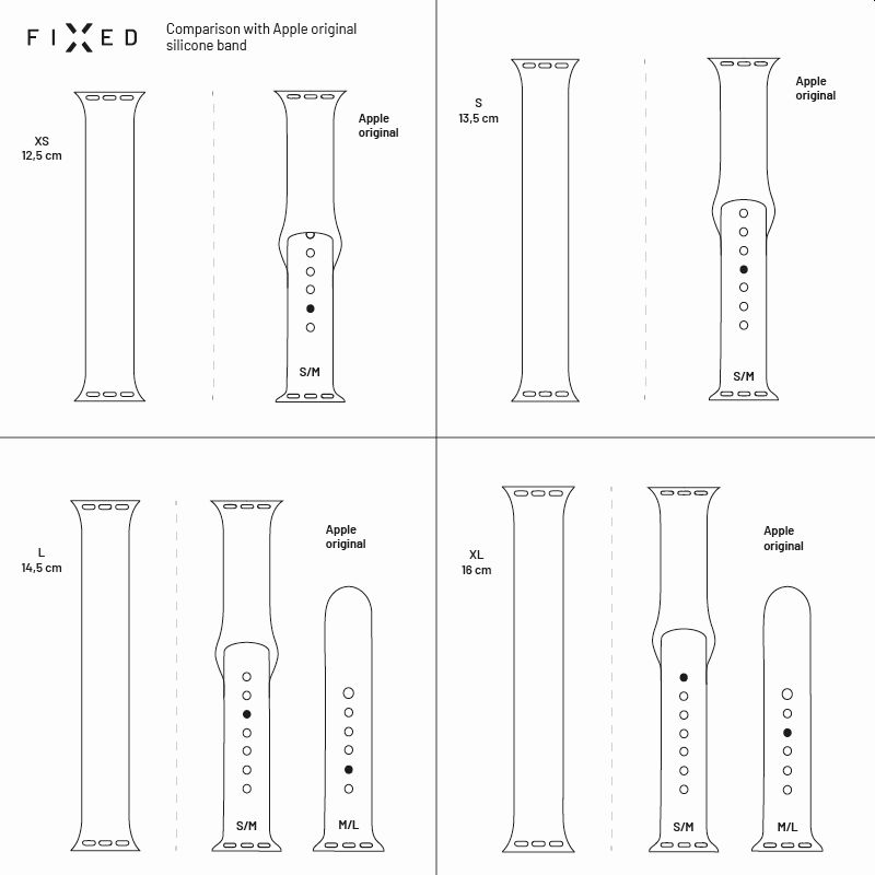 Apple Watch szíjak diagramja különböző méretekben. Az eredeti Apple szíjakhoz viszonyít.