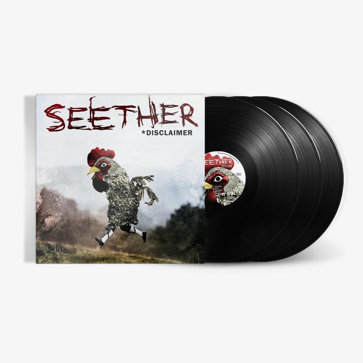 Albumcover mit Hahn im Kostüm, daneben Schallplatten.