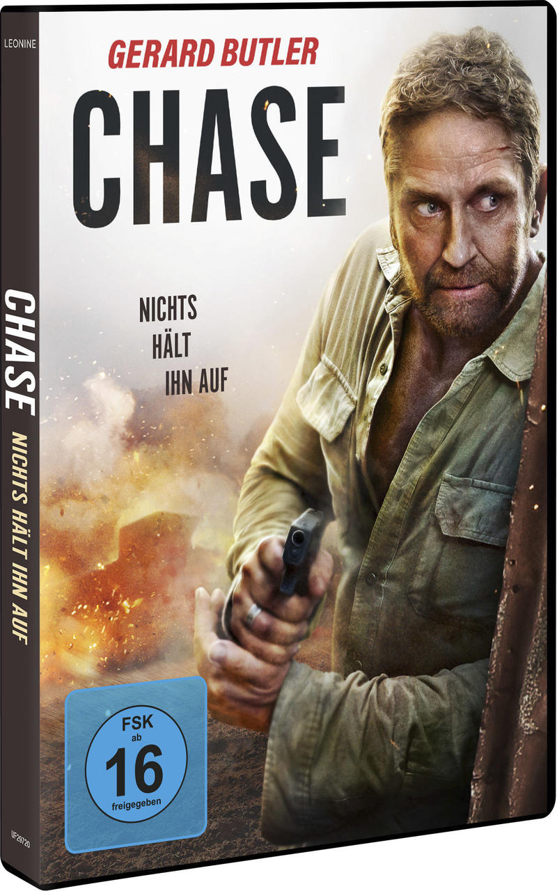 DVD-Hülle des Films "Chase" mit Gerard Butler, der eine Waffe hält, Feuer im Hintergrund.