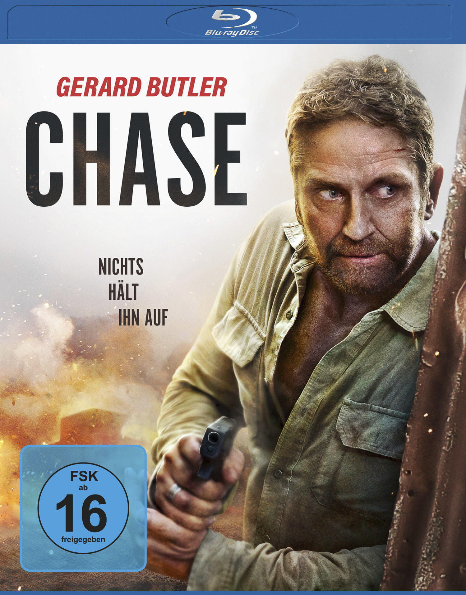 Filmplakat von Gerard Butler mit einer Waffe. Text: CHASE, FSK ab 16.