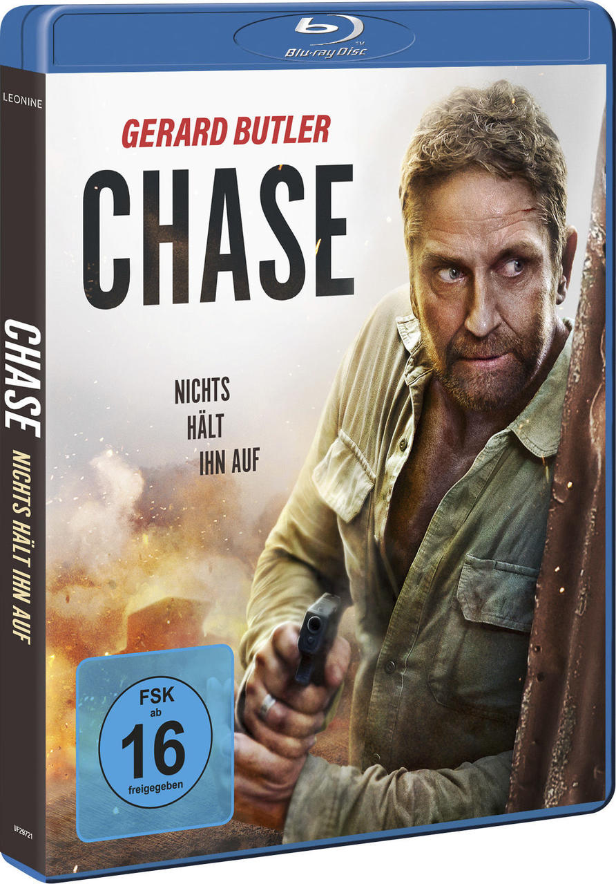 Filmcover 'CHASE' mit Gerard Butler, der eine Waffe hält. Feuer im Hintergrund. Deutscher Text auf dem Cover.