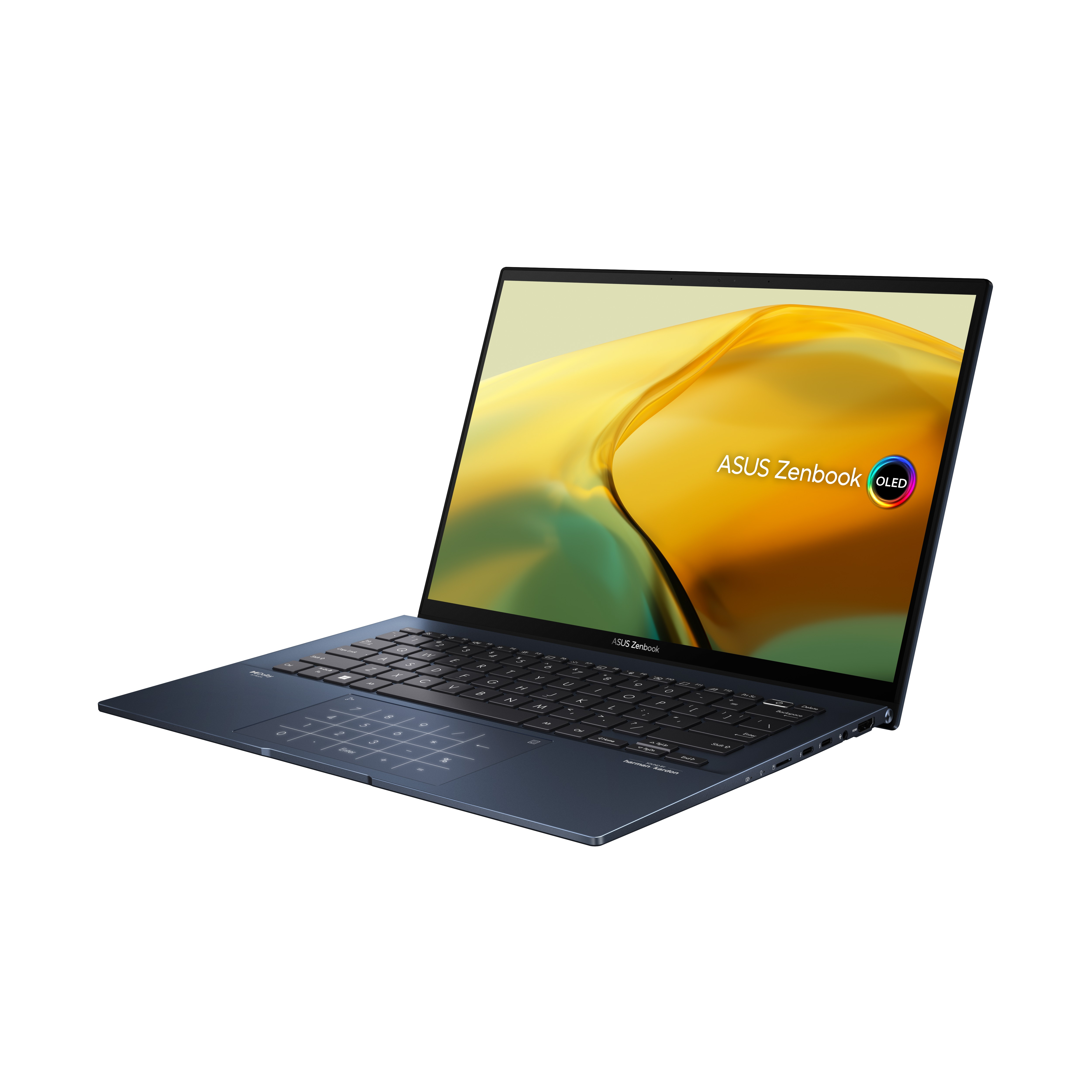 Koyu mavi bir kasaya, bir klavyeye ve ASUS Zenbook OLED logosuna sahip açık bir dizüstü bilgisayar.