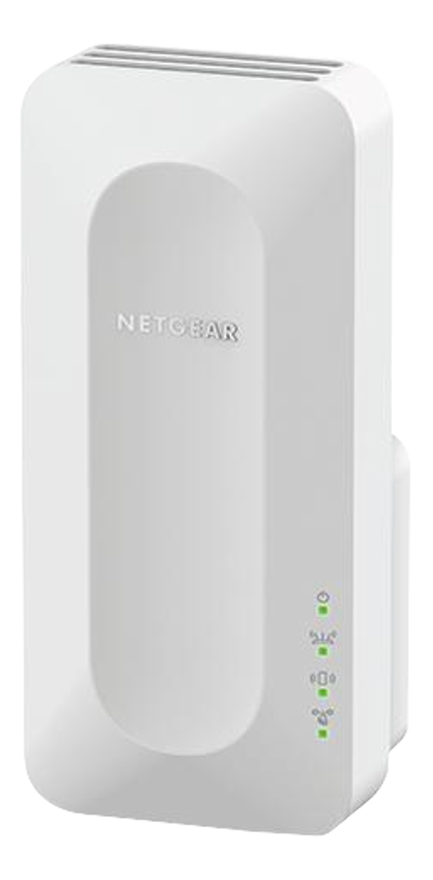Weißer Netgear WLAN-Repeater mit grünen Kontrollleuchten.