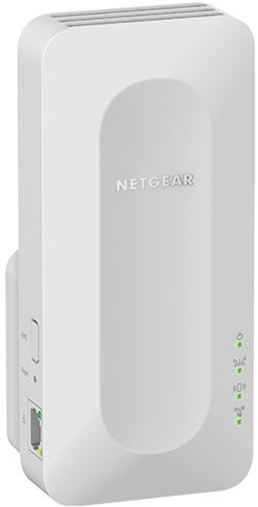 Weißes Netgear-Gerät zur WLAN-Erweiterung mit grünen Kontrollleuchten.