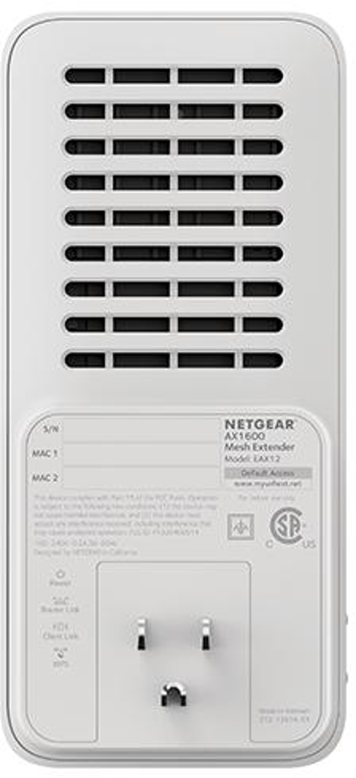 Weißer NETGEAR Mesh Extender mit Stecker, Lüftungslöchern und Anschlüssen.