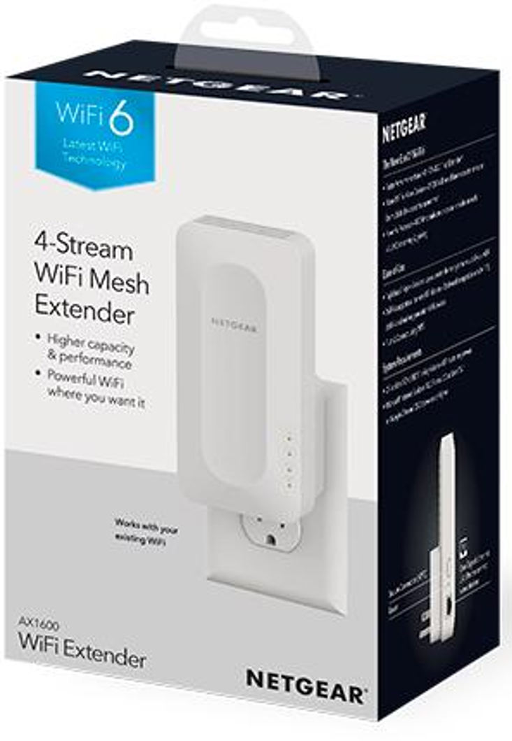 Netgear WiFi Mesh Extender-Box, weißes Gerät gezeigt, auf weißem Hintergrund.